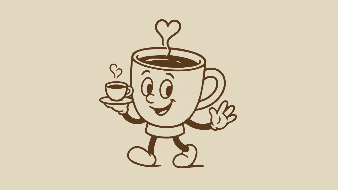 A cheerful cartoon cup character with legs, a smile, and a heart-shaped steam rising from it.
