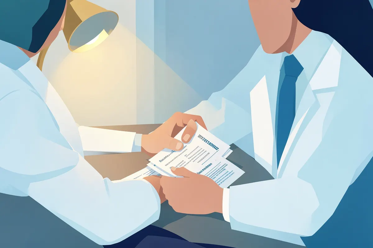 A doctor reviewing patient feedback forms in an office.