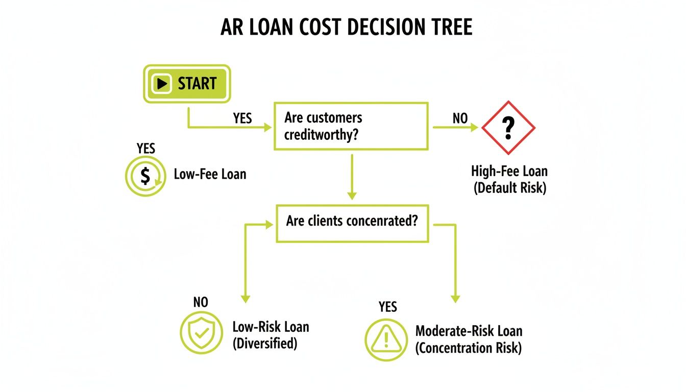 An AR loan cost decision tree evaluating customer creditworthiness and client concentration for loan types.