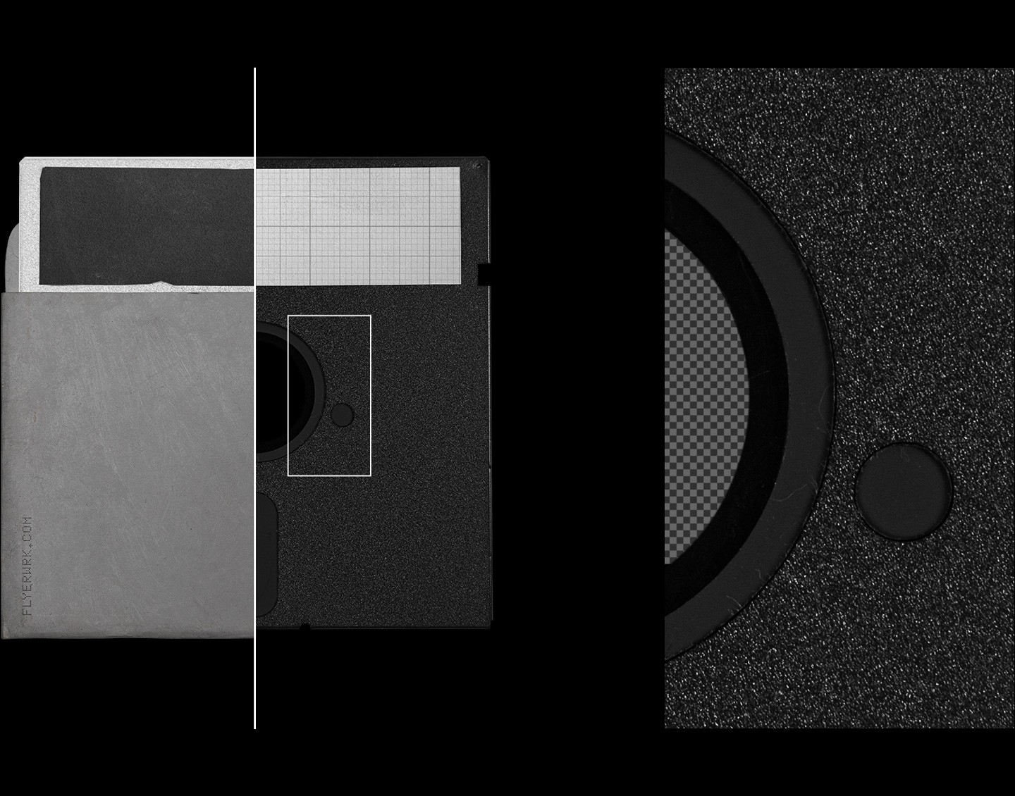 Close-up macro detail of the Vintage Floppy Disk 5.25 inch Mockup highlighting the realistic grainy plastic texture