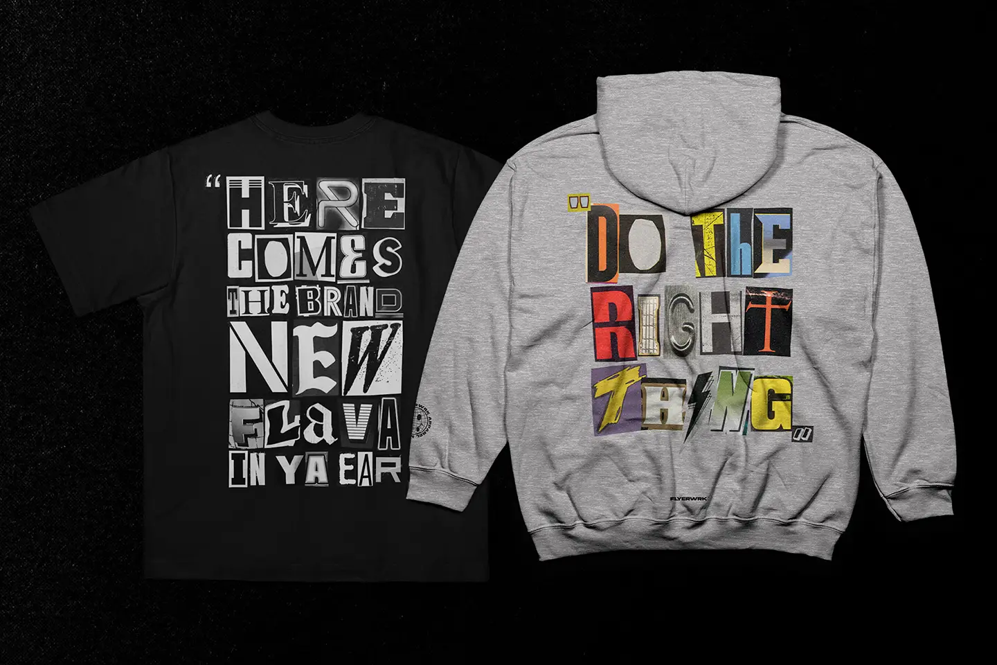 RansomLab merchandise design examples on a t-shirt and hoodie using bold cut out typography styles