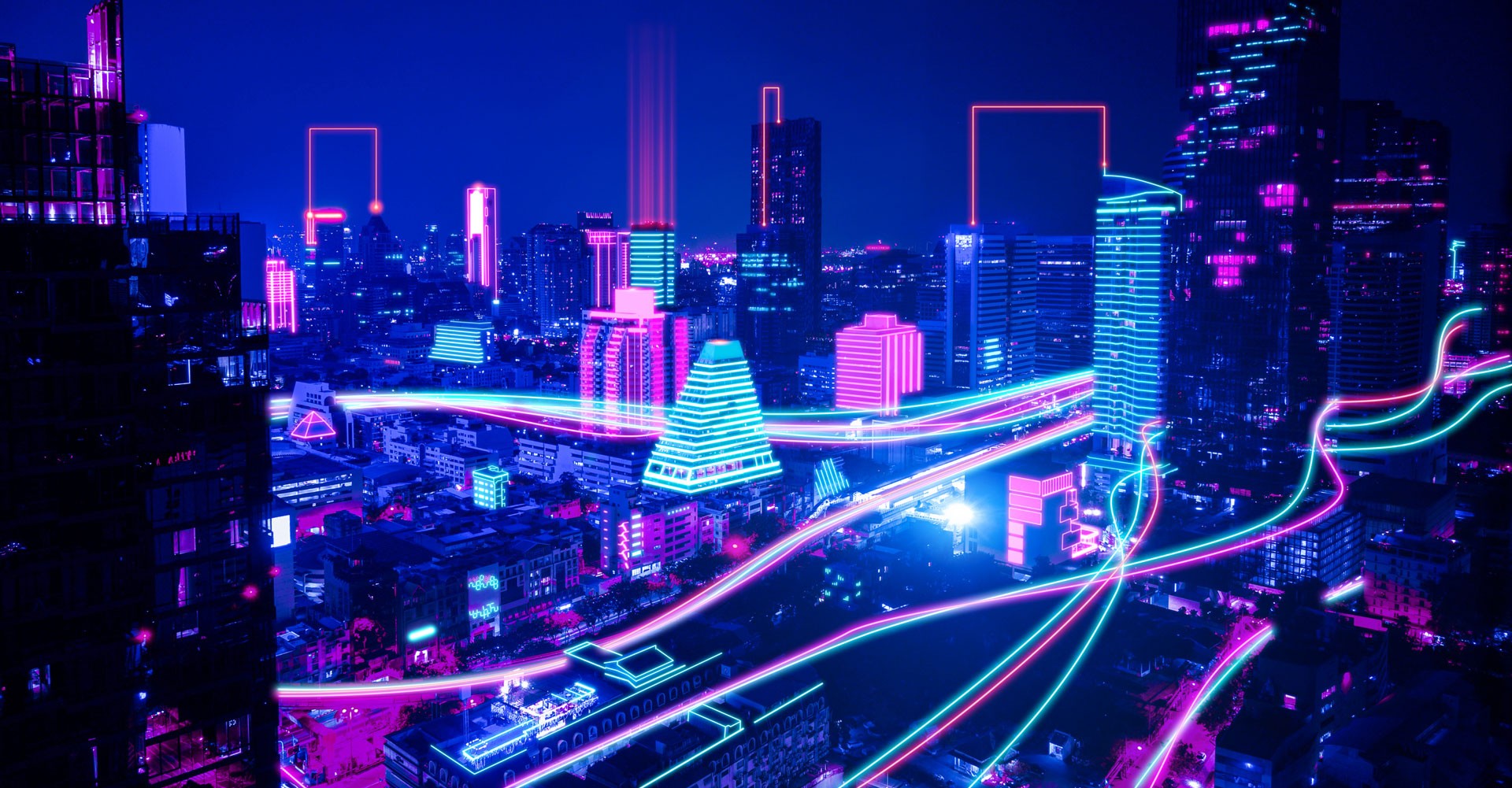 Smart city with speed line glowing light trail surround the city. big data connection technology concept