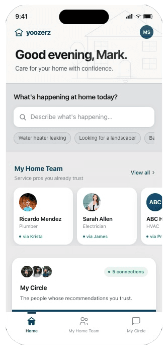 Yoozerz Home screen greeting Mark and offering a trusted starting point for home care
