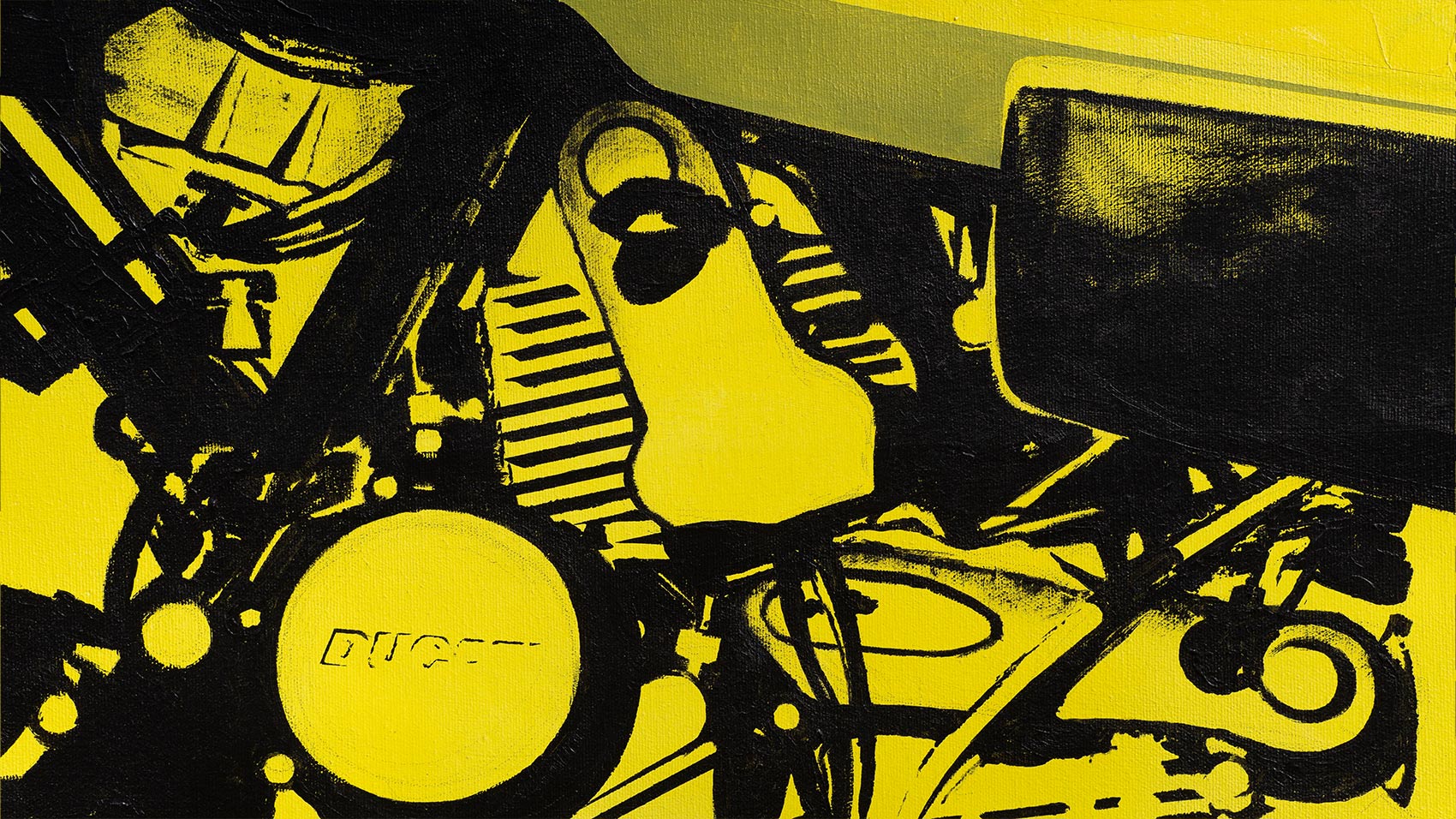 A close up of the ducati painting showcasing a rich composition and contrasting colors