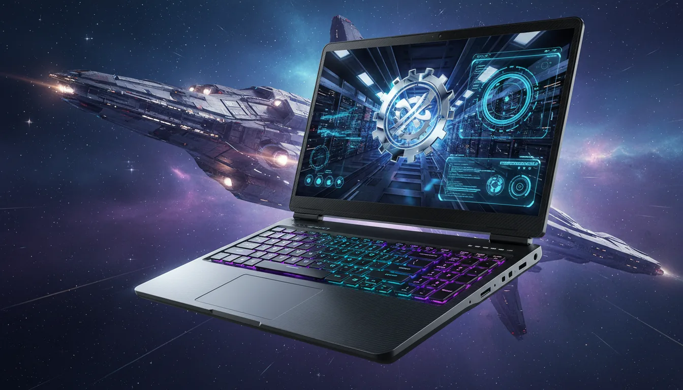 Stylized product render of a futuristic dual-screen laptop, floating diagonally against a vibrant cosmic background. The laptop has a matte black chassis, with a unique secondary screen tilted up above a keyboard with purple and cyan RGB backlighting. The main screen displays a glowing, metallic, abstract emblem inside a high-tech interior. The secondary screen shows glowing blue futuristic UI elements. The background is a dramatic, epic space scene with a massive, complex starship and a purple and blue nebula filled with stars. Cinematic lighting highlights the laptop's form, with strong emissive glows from the screens and keyboard, creating a high-end, powerful aesthetic.