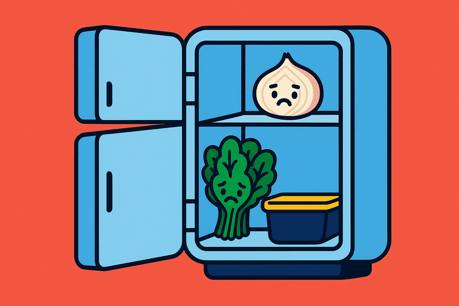 An open blue fridge with a sad half onion on the top shelf, a bunch of sad spinach leaves on the middle shelf, and a closed mysterious container on the bottom shelf. Background is solid red.