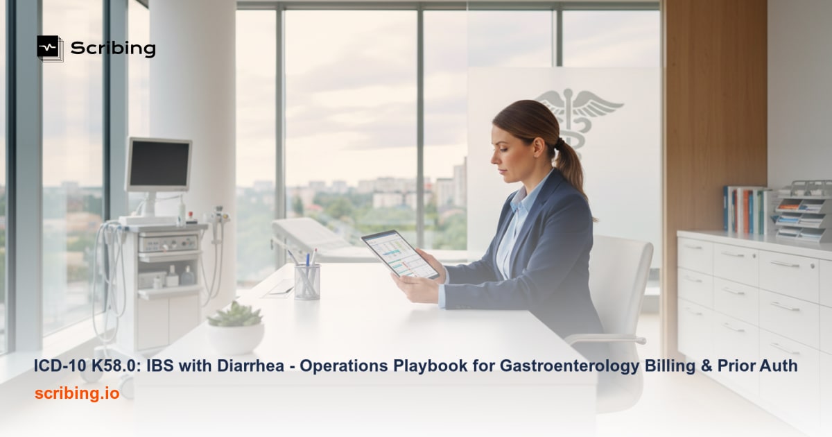 Gastroenterology operations workspace illustrating ICD-10 K58.0 IBS with diarrhea billing and prior authorization workflow management
