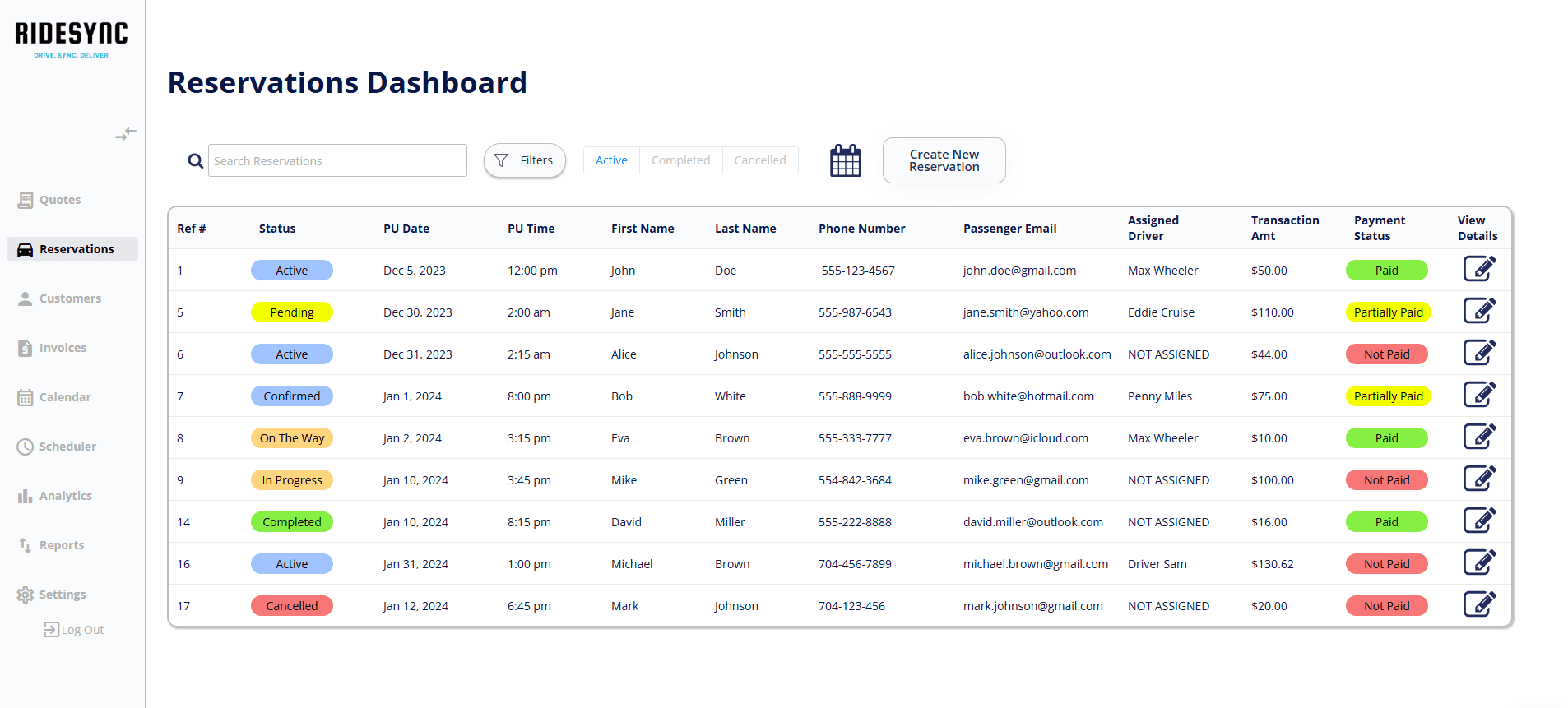 Ride Sync Reservation Dashboard