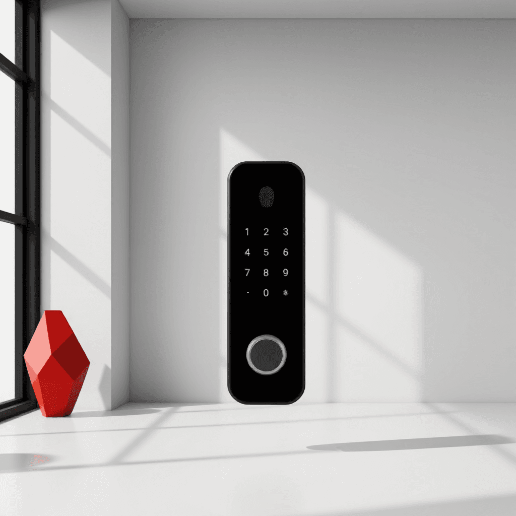 product photography of a digital keypad lock for secure entry