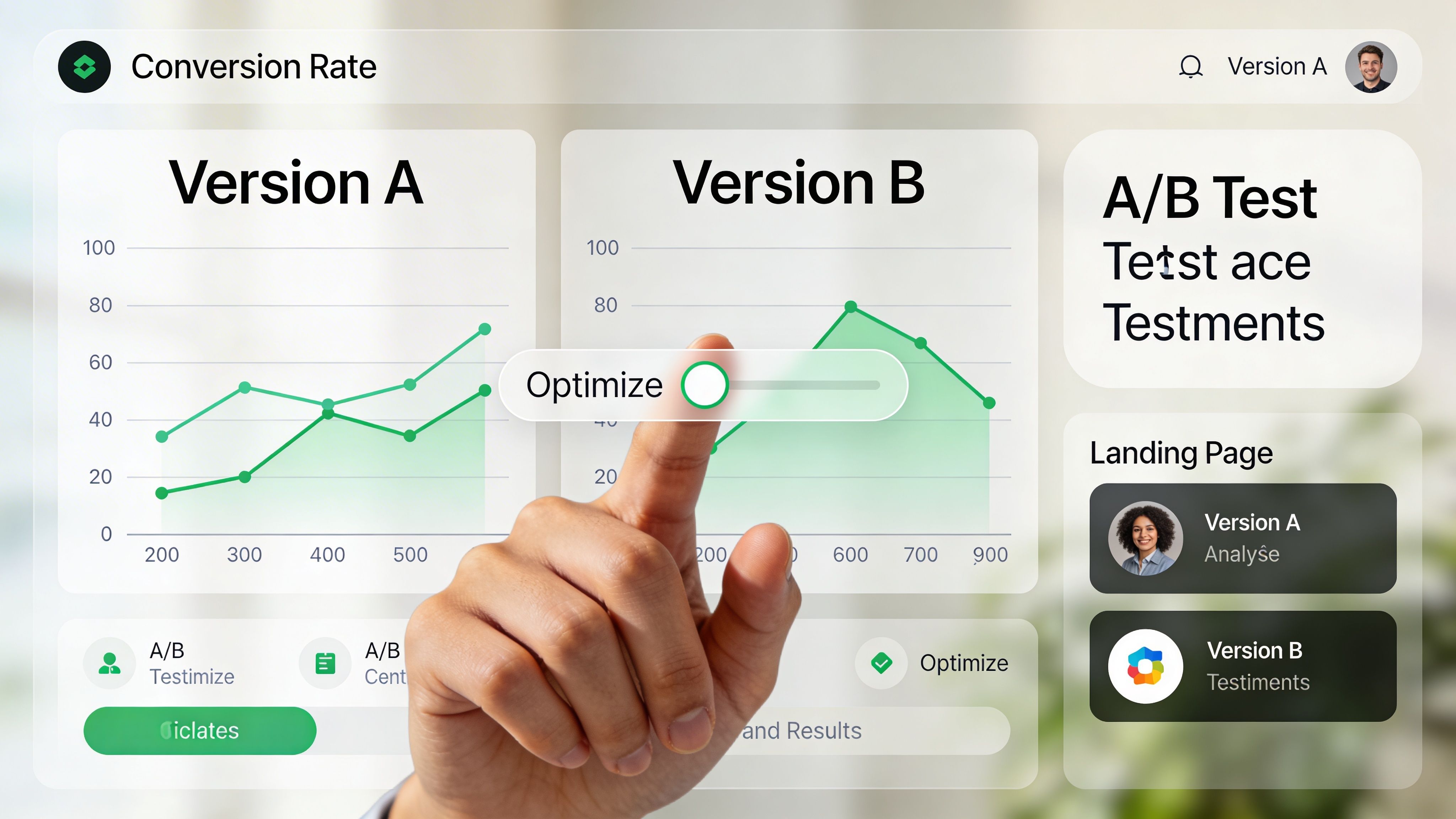 A digital interface showing conversion rate graphs for A/B testing a landing page with testimonials.