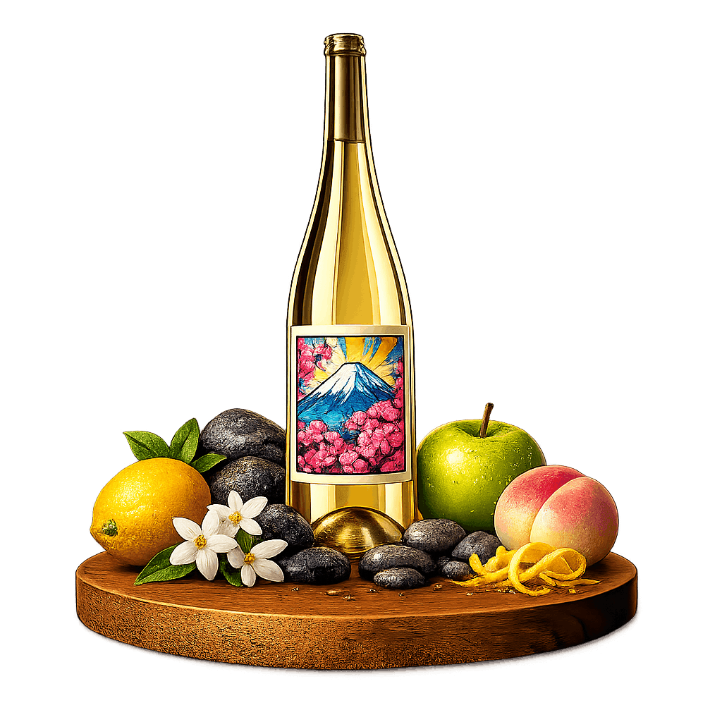 Artistic label and flavor profile for Japanese White Blend on a rustic wooden table.