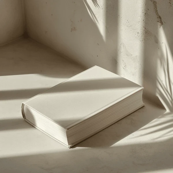 A beige Book next to a window.