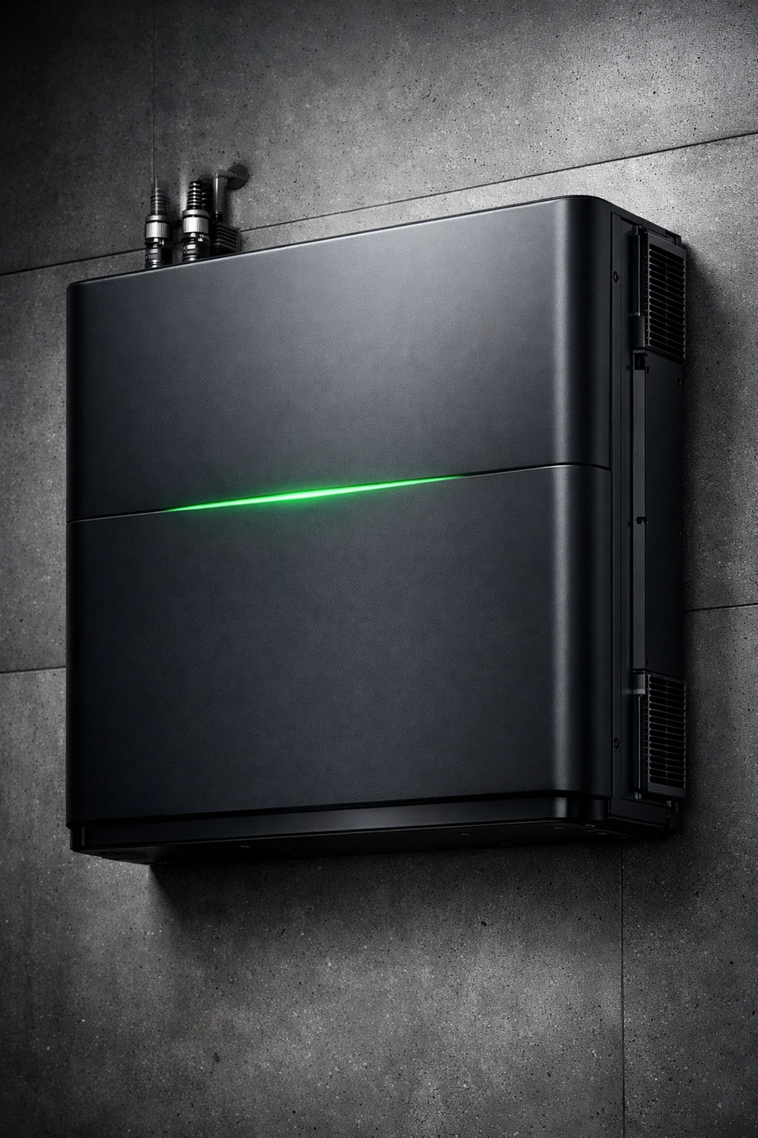 High-tech industrial battery storage unit mounted in a professional commercial facility.