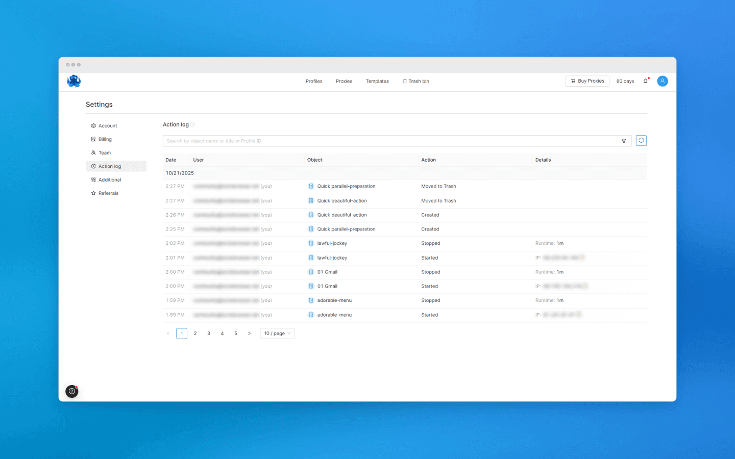 Action log in Octo browser