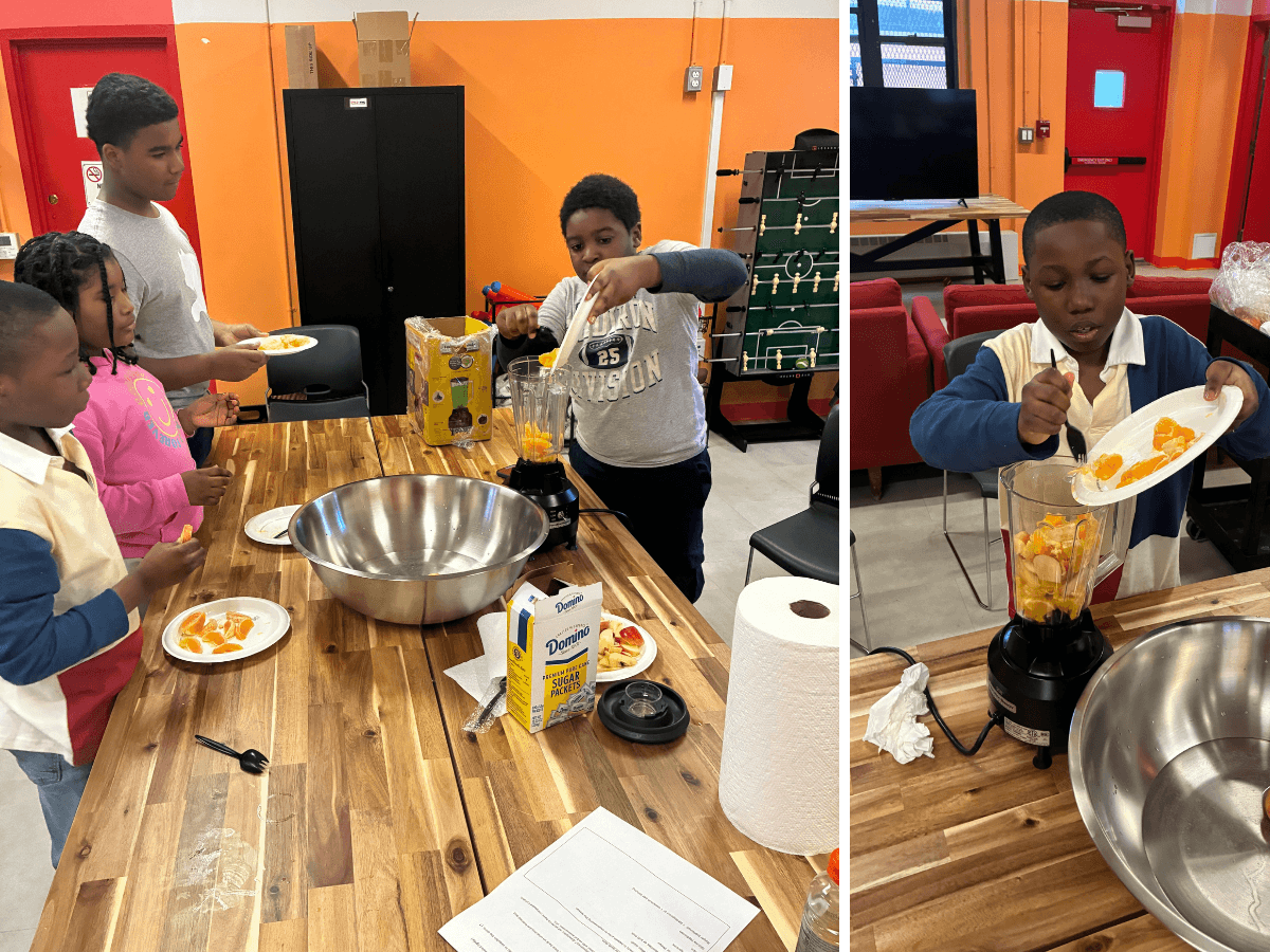 Youth participants in a kitchen making smoothies.