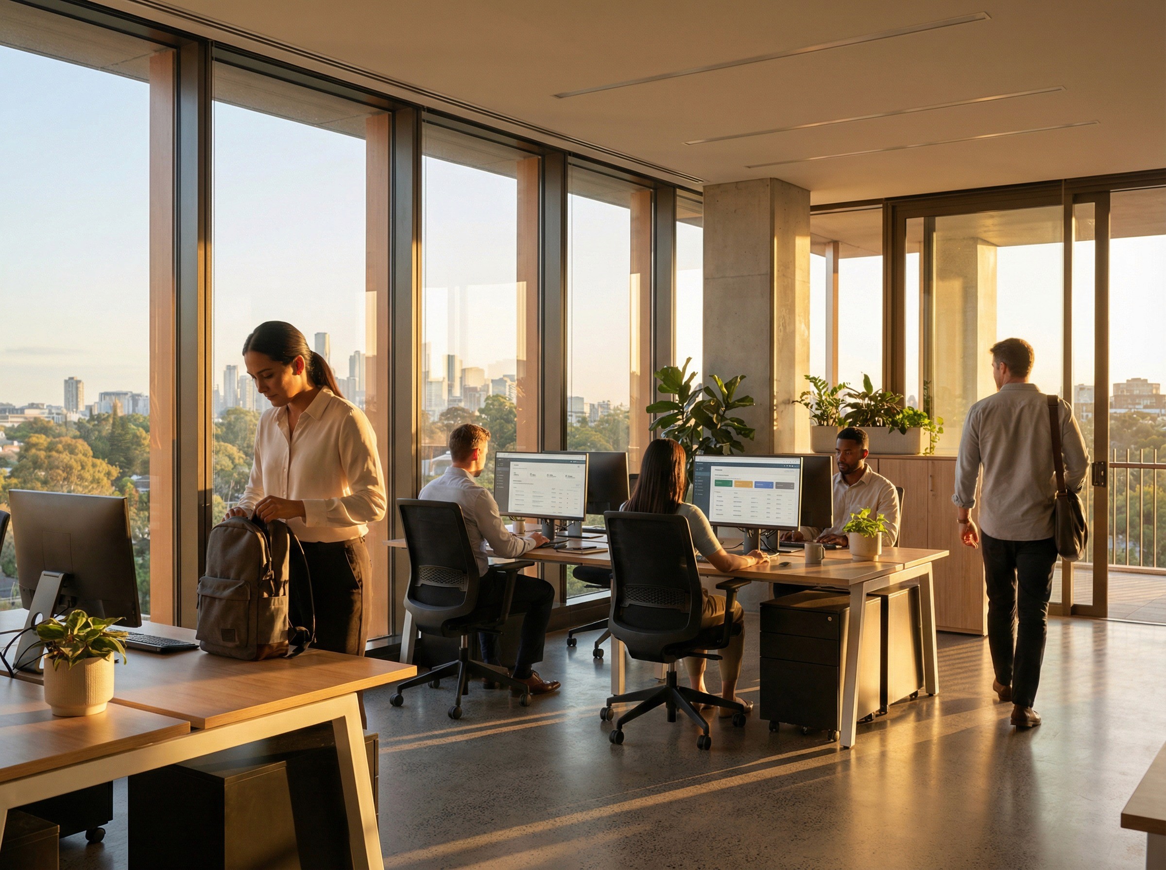 A wide, serene shot of a modern Australian office at the golden hour transition — the moment when afternoon becomes early evening and the quality of light in a building shifts. The office is still active but winding down: a few workers are at desks finishing tasks, one is packing up, another is walking toward the exit with a bag over their shoulder.