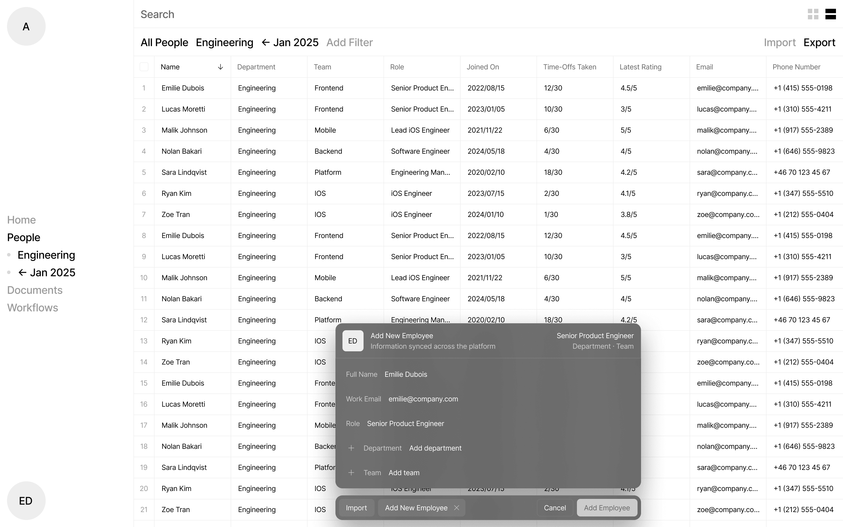 People & Engineering – Team Data Table