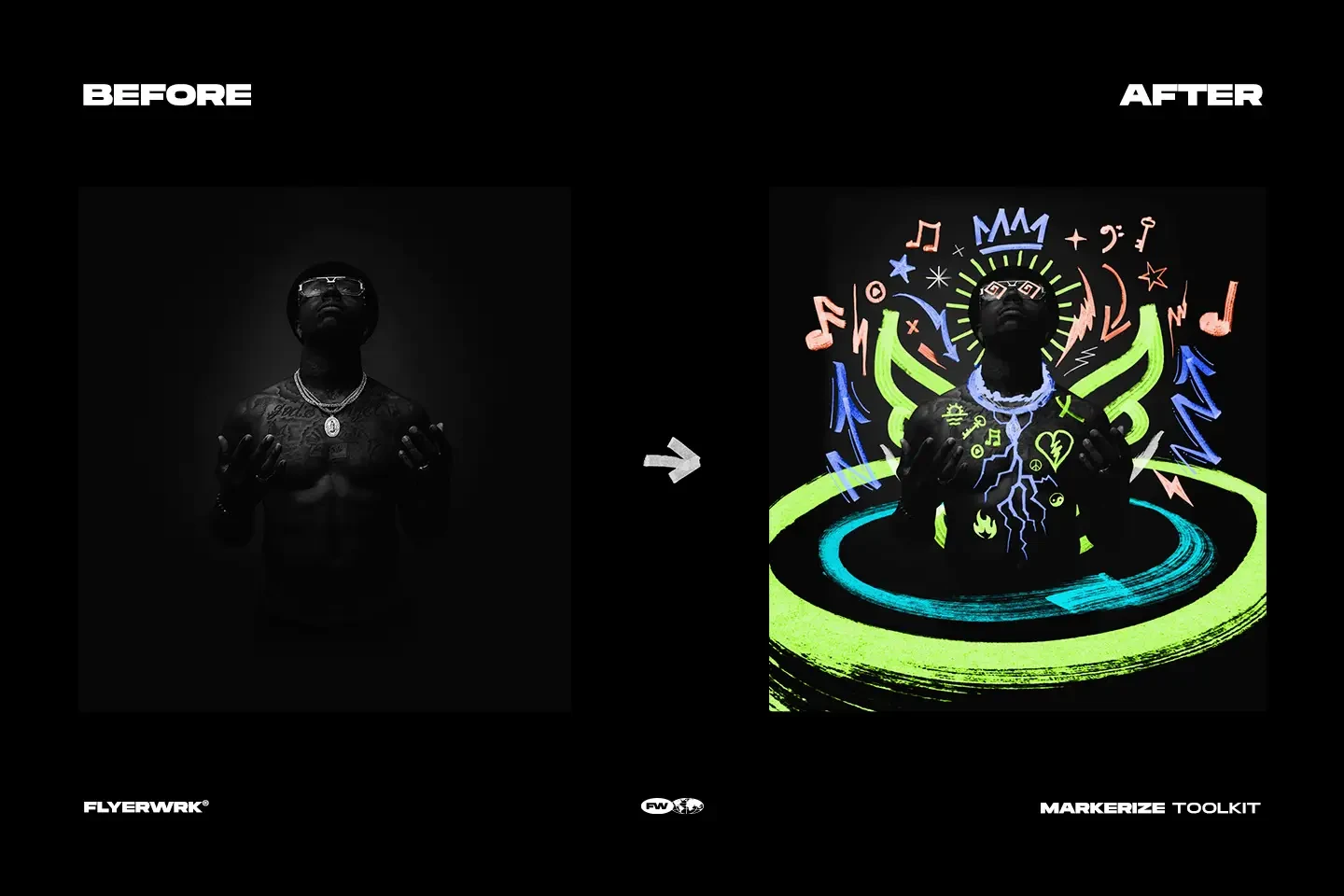 Markerize product example showing before and after creative editing with vibrant colorful hand drawn marker overlays