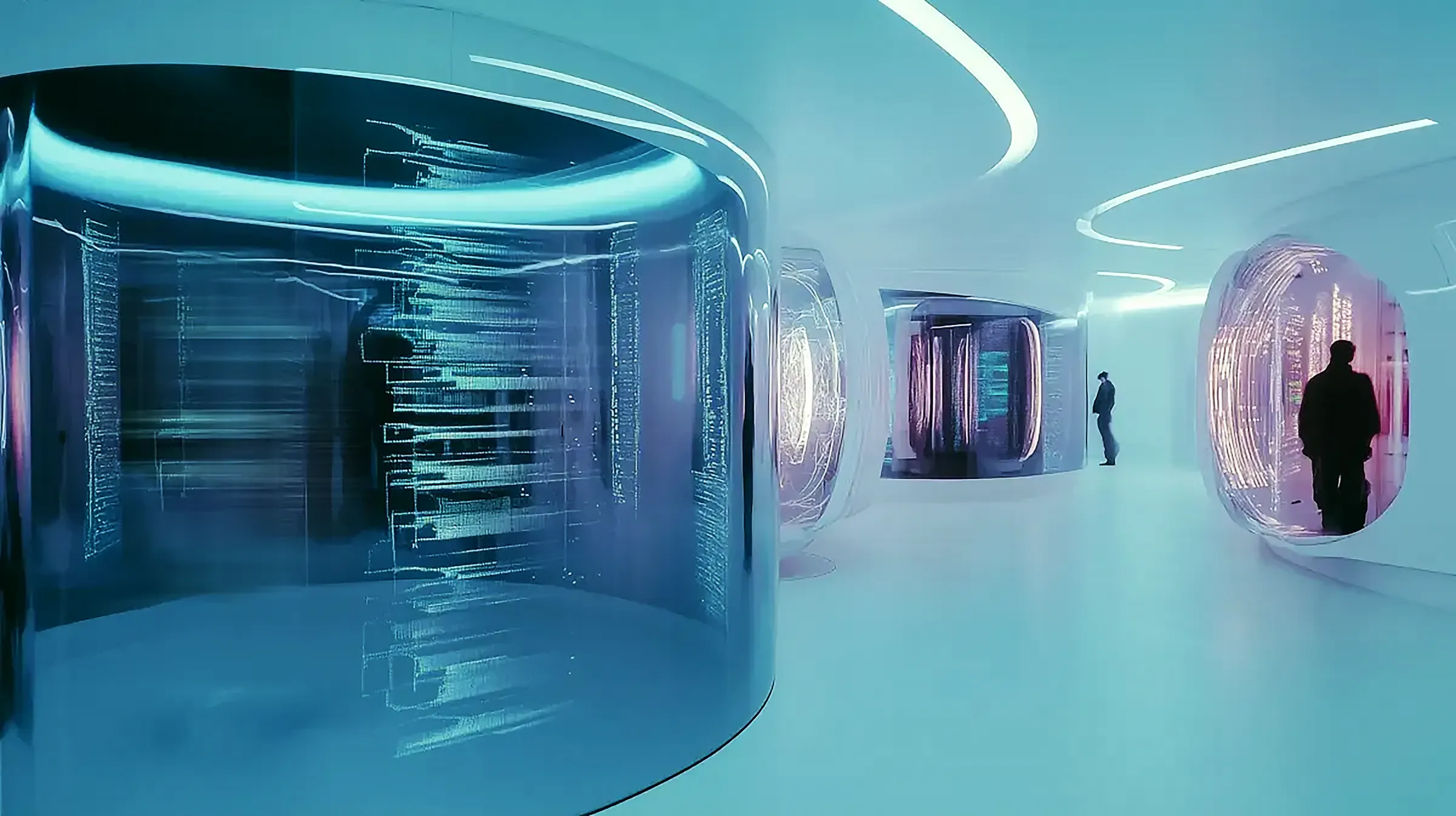 Several black figures in a surreal blue technology setting