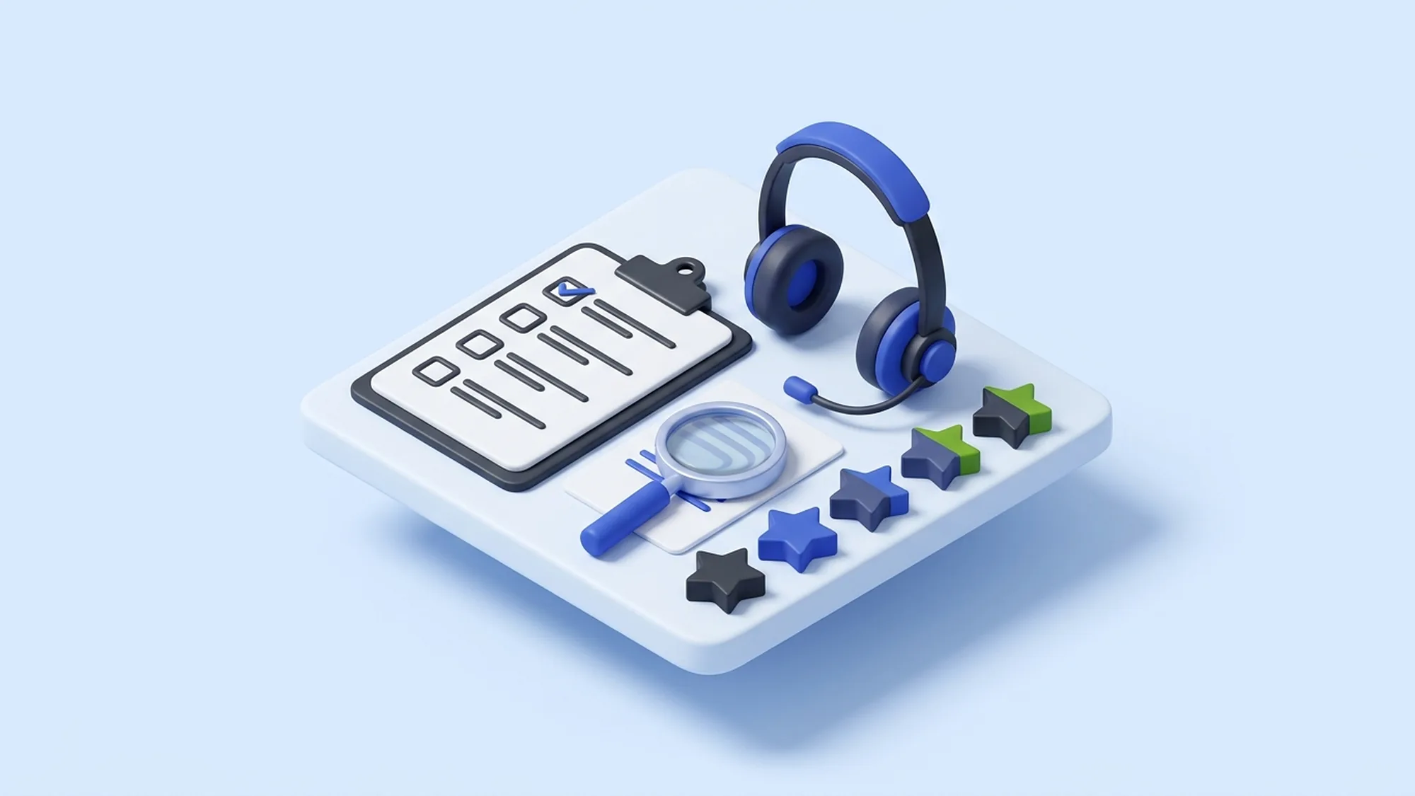 Illustration 3D du contrôle qualité d'un service client externalisé : checklist, casque et évaluations