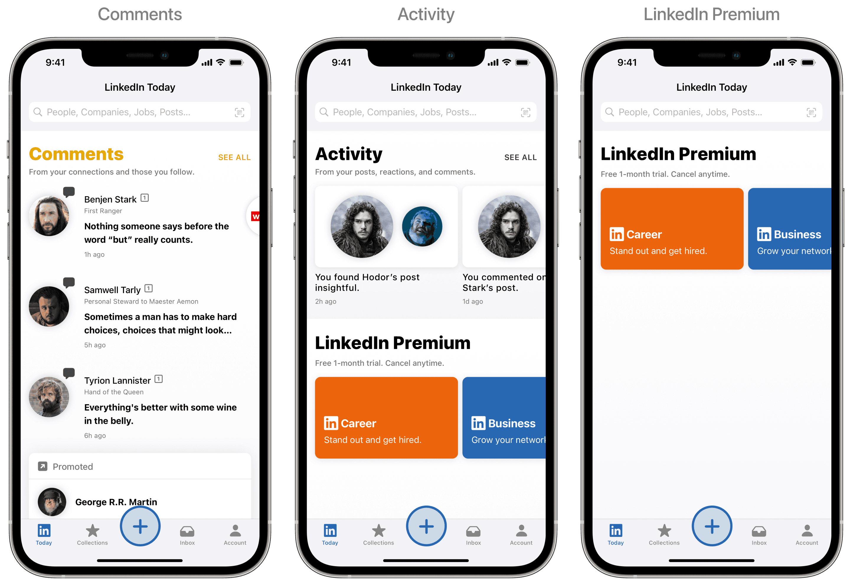 LinkedIn Today sections for Comments, Activity, and LinkedIn Premium