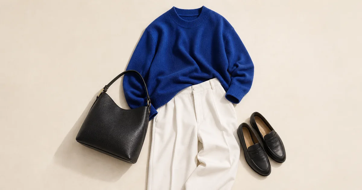 Cobalt Blue jacket with an ivory top and black accessory on a warm stone background