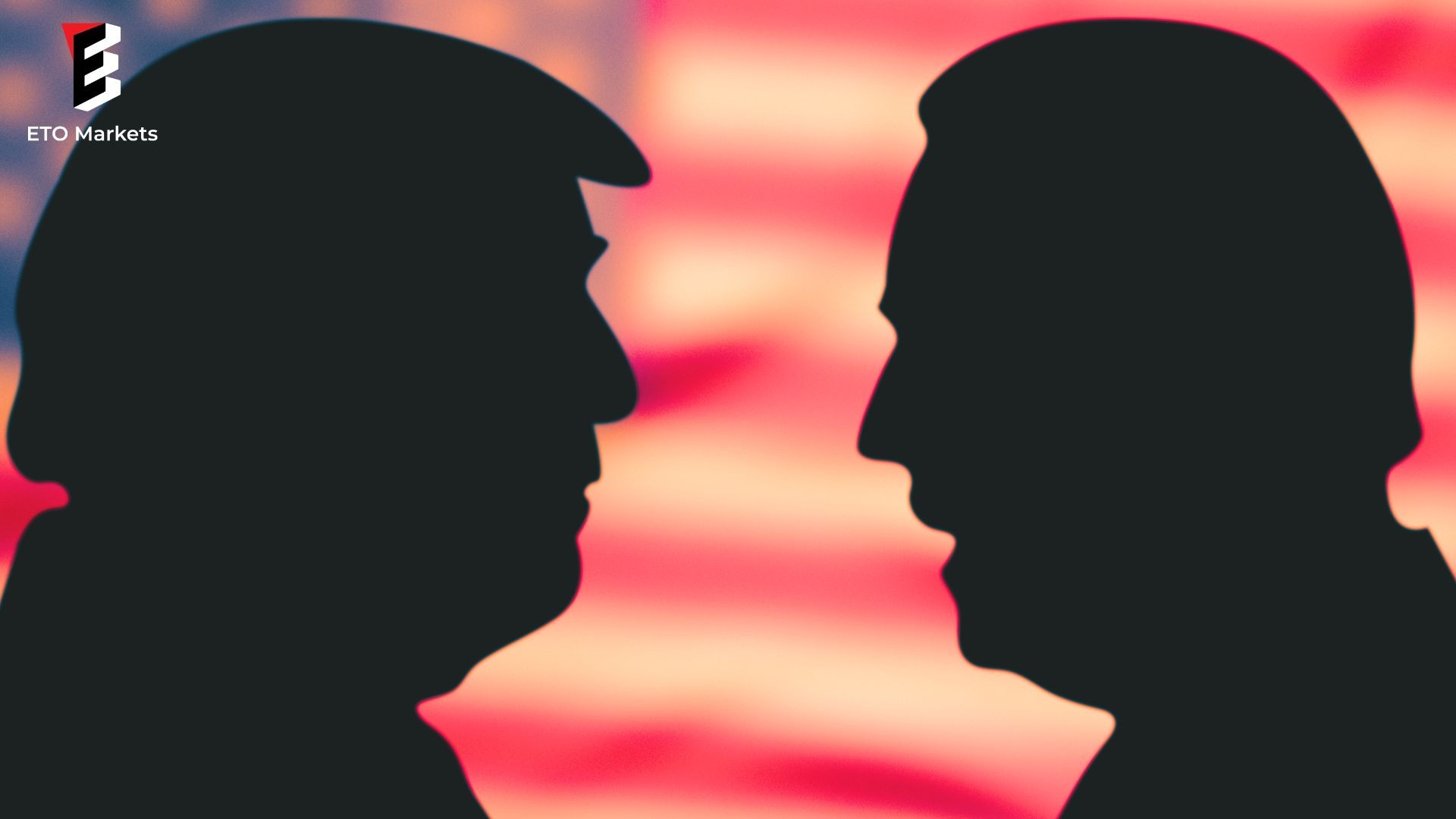 Two silhouettes (Biden and Trump) face off against an American flag backdrop, with the "ETO Markets" logo in the corner.
