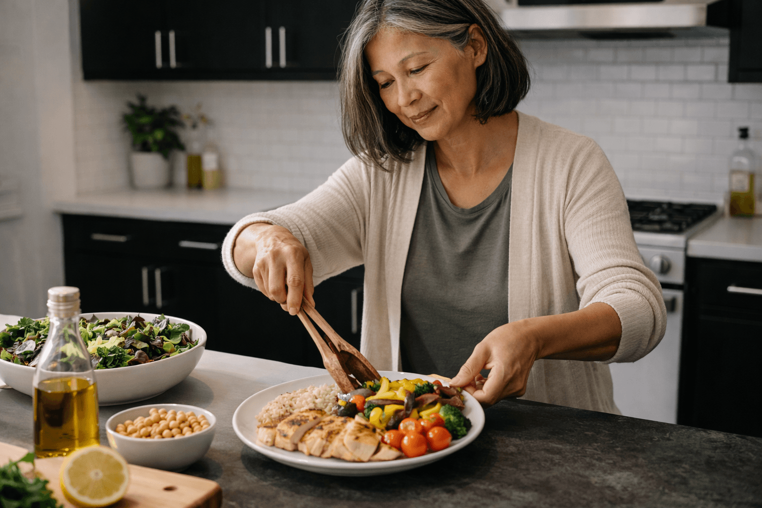 Woman building healthy eating habits by filling plate with vegetables — behavior change approach to sustainable weight loss