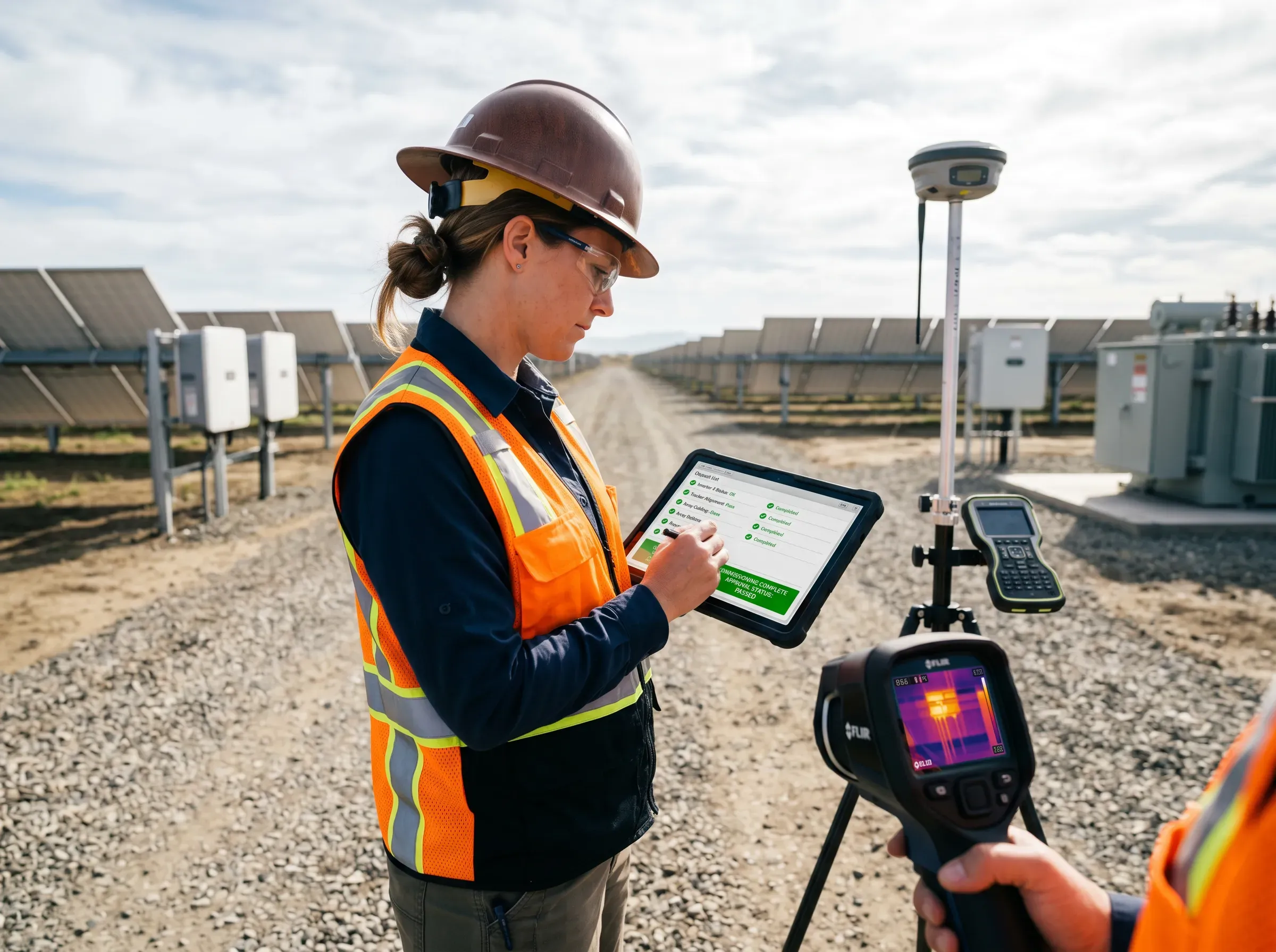 Worker inspecting solar farm with tablet and thermal camera.