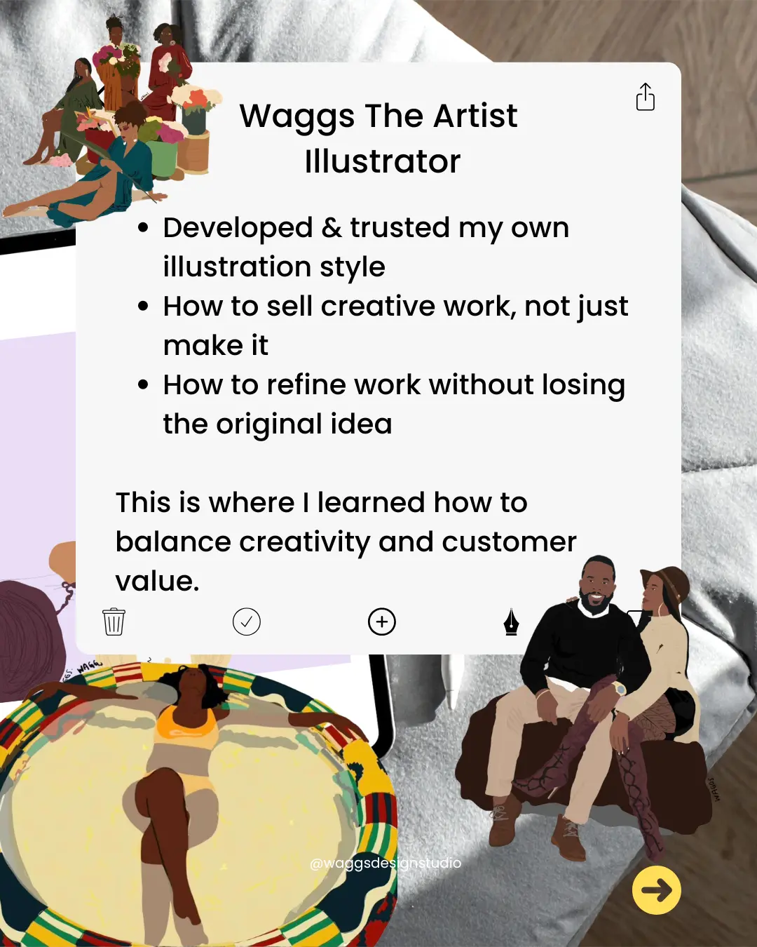 Illustration showcasing a diverse group of people engaged in creative collaboration and conversation, with a central notepad listing tips on refining and selling creative work, emphasizing illustration style and balancing creativity with customer value.