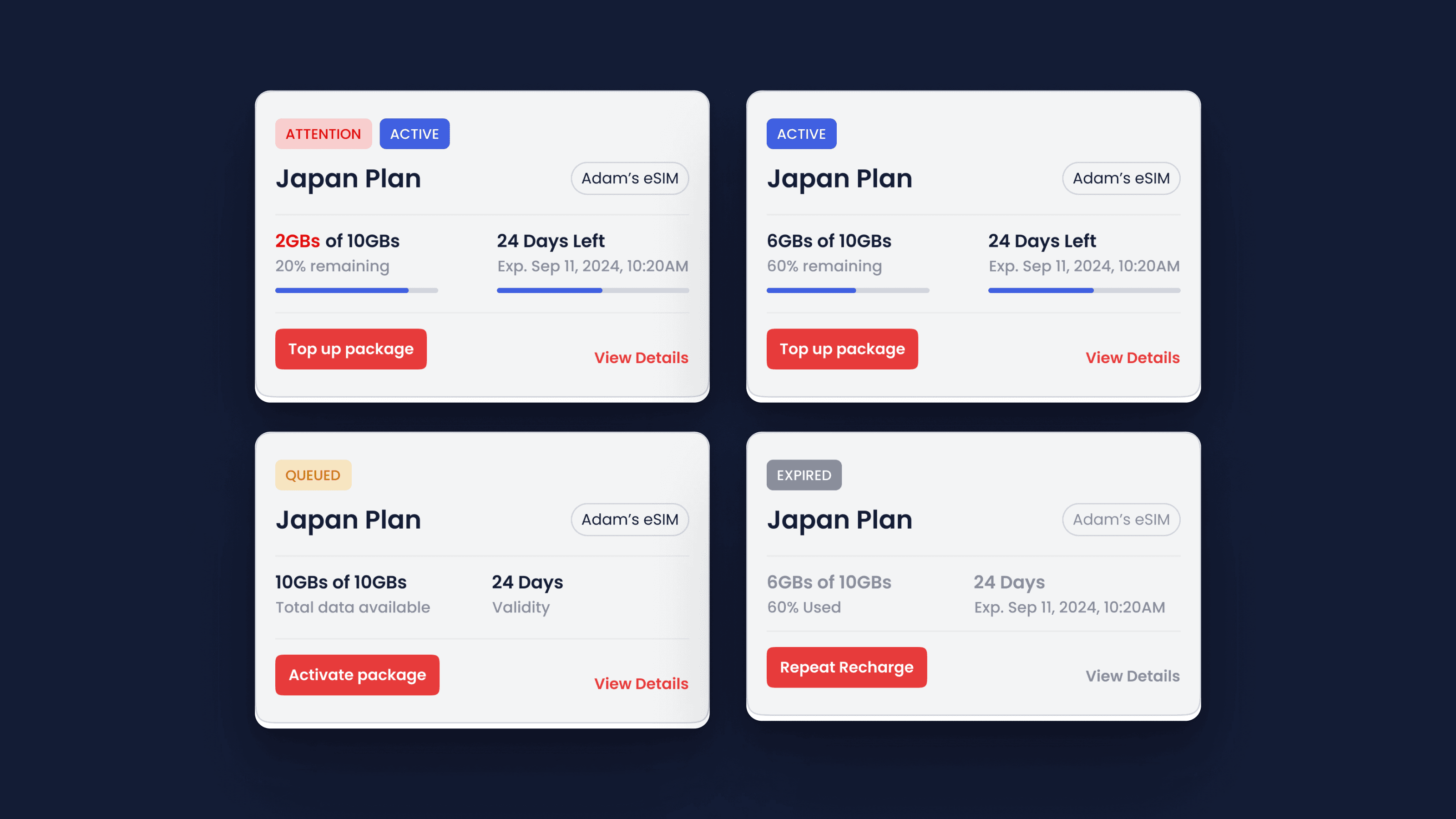 One plan card in four states: attention, active, queued and expired, each with its next action