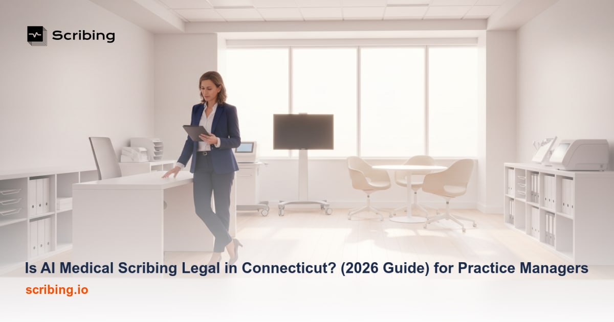 Medical office desk with laptop, stethoscope, and legal gavel representing AI medical scribing compliance in Connecticut