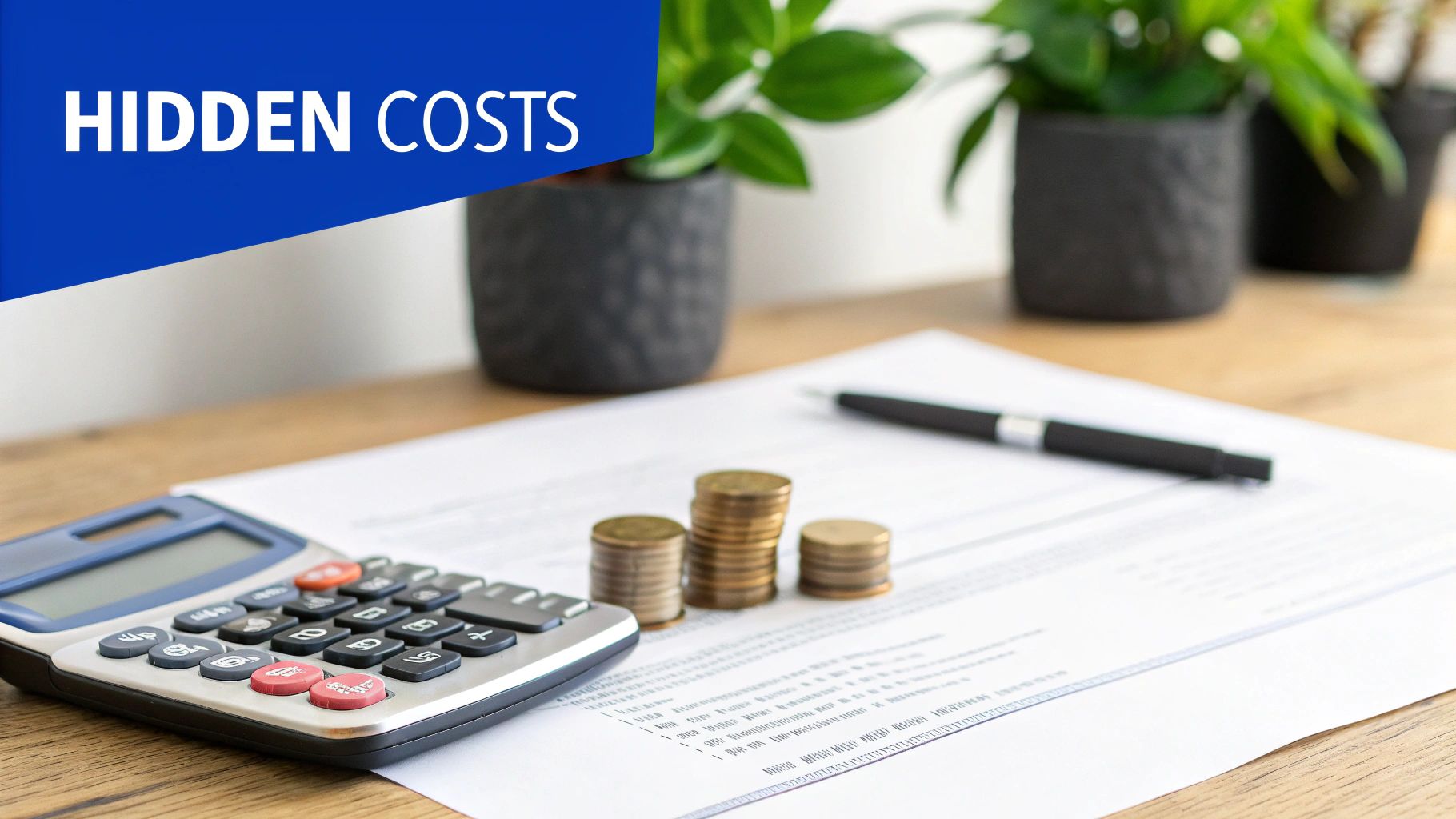 Calculator, stacked coins, pen, and document on a wooden desk with a 'HIDDEN COSTS' banner.