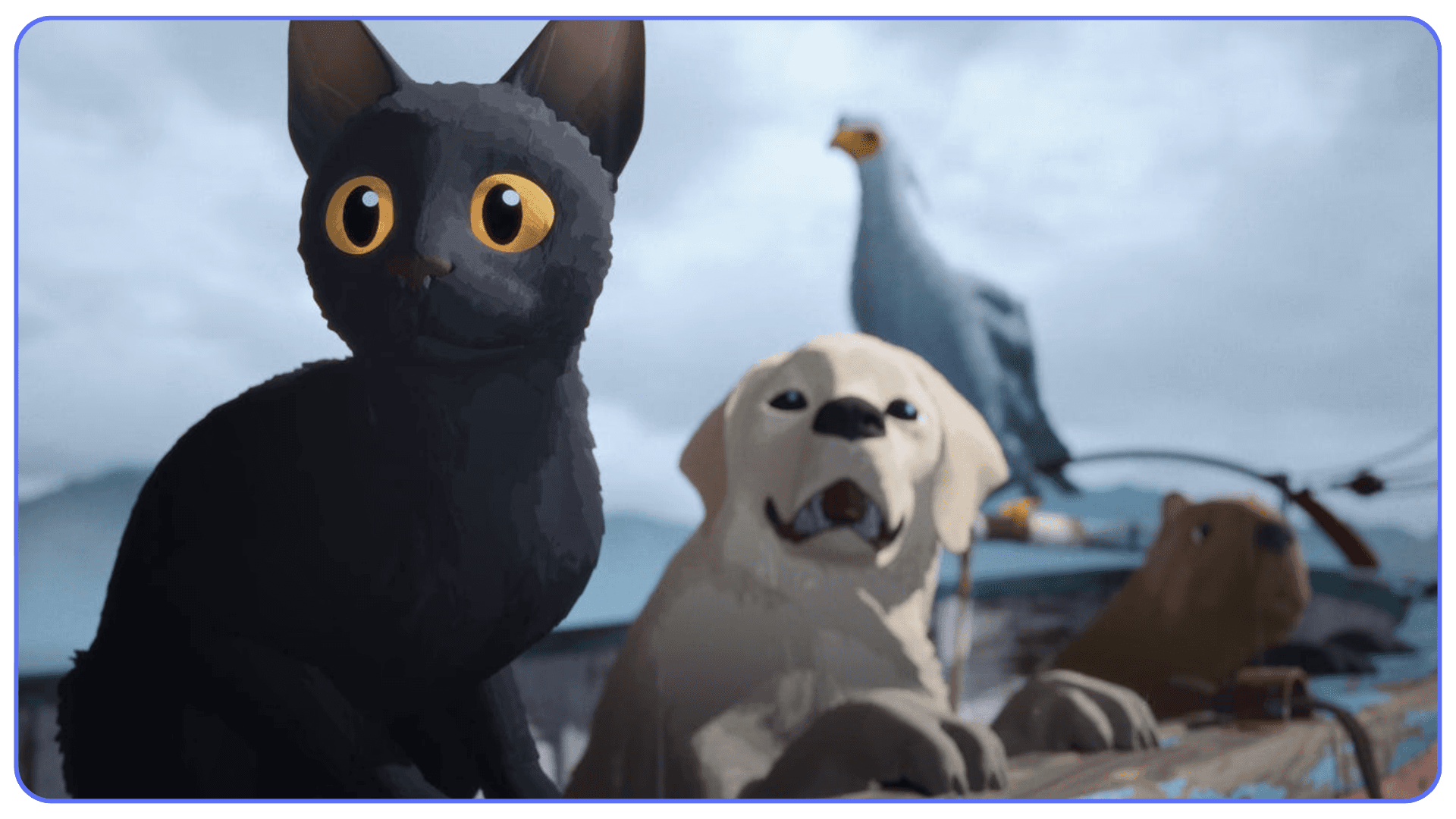 Characters from Flow, a Blender animated short film featuring a stray cat and animals on a small boat