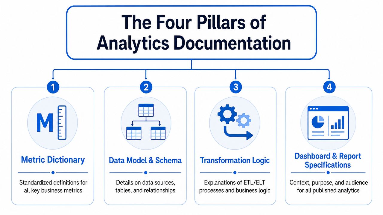 An infographic titled The Four Pillars of Analytics Documentation outlining four key components for data management.