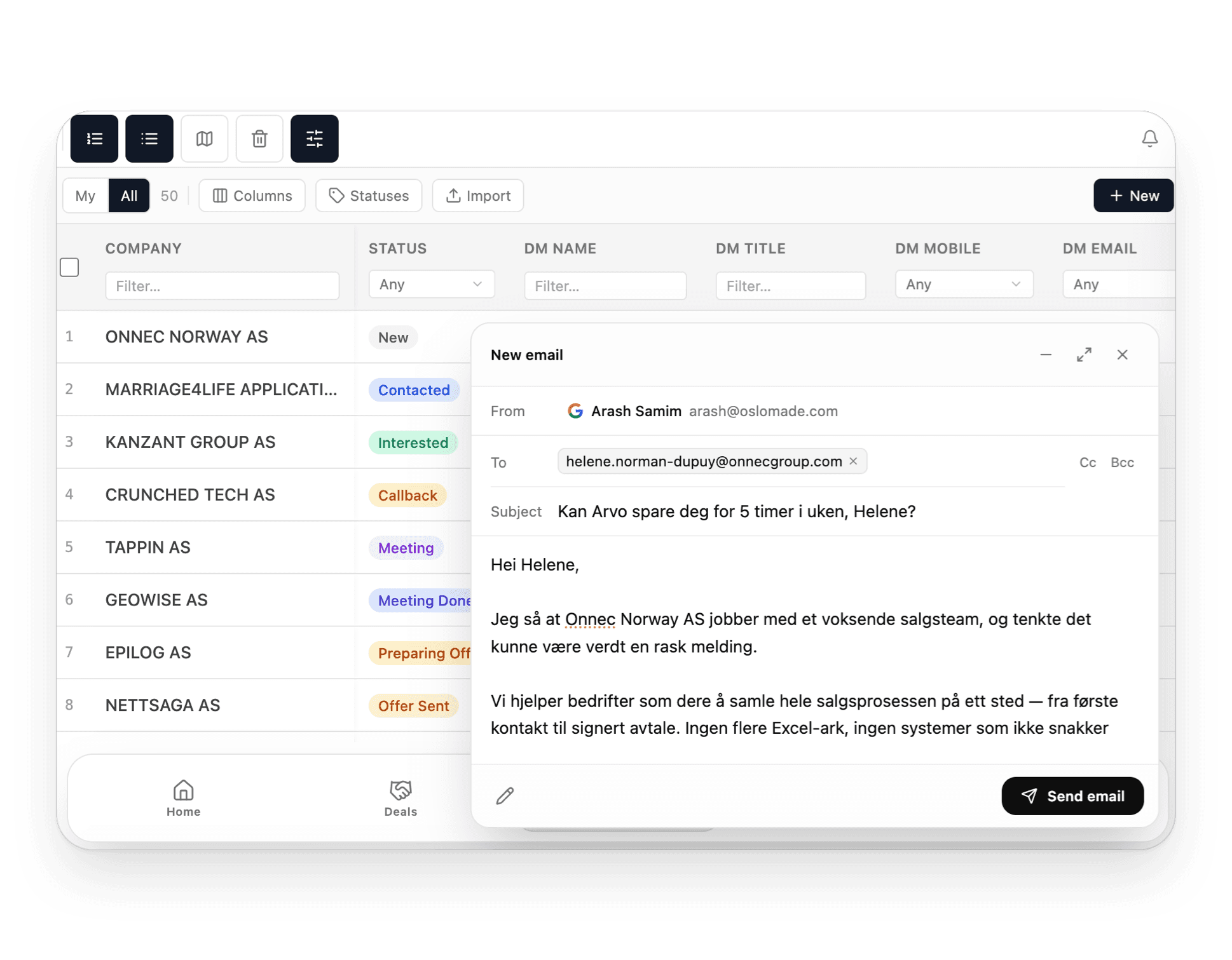 Arvo CRM-system - send e-post