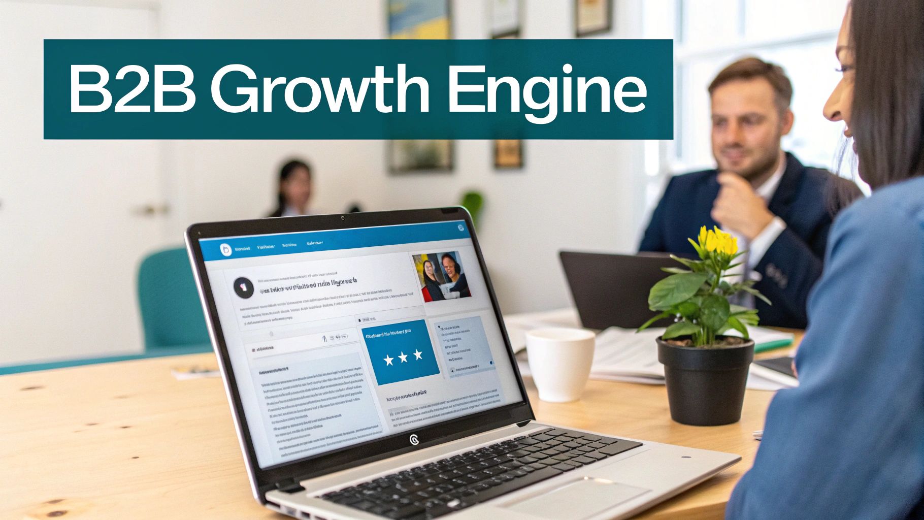 Laptop showing a B2B business profile page with a B2B Growth Engine banner, while professionals discuss in a bright office.