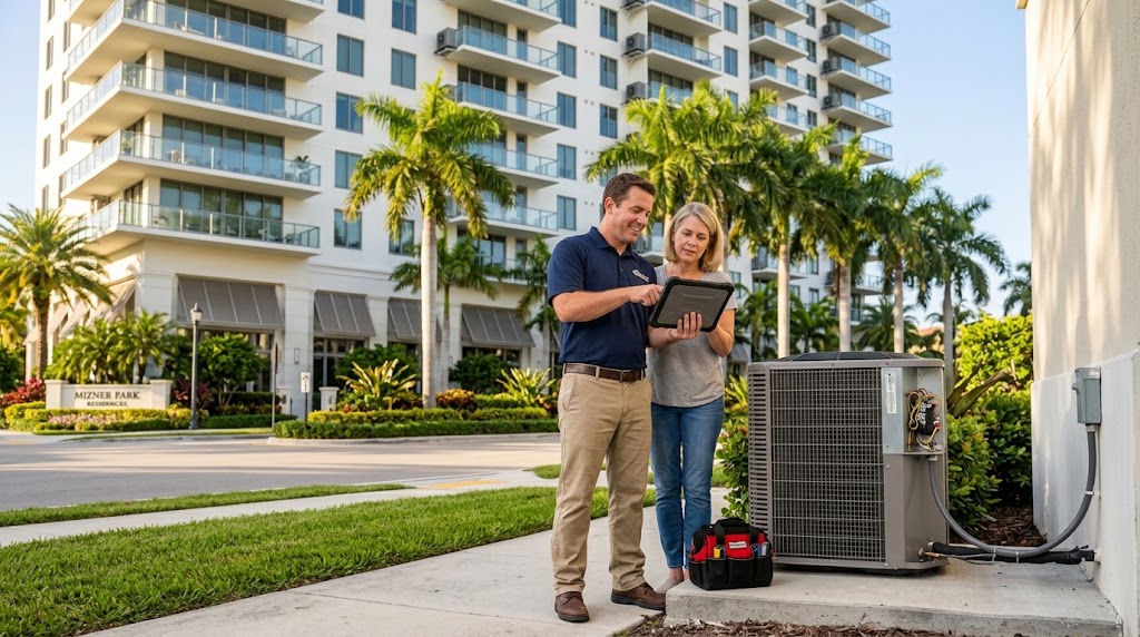 HVAC technician reviewing an AC diagnosis with a condo owner in Boca Raton