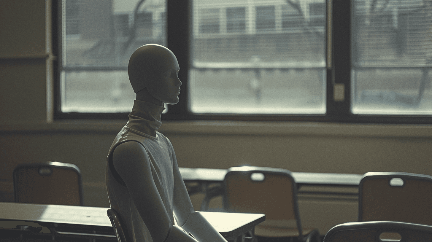 Maniquie sentado en un salo de clases, creativosatomicos.com