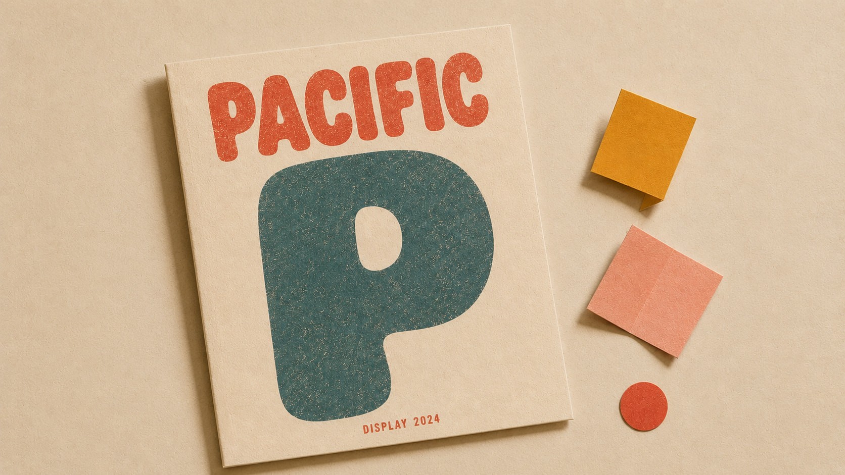 Retro “PACIFIC” display poster with bold oversized typography in coral and blue on a textured beige background, styled with minimalist paper elements and “DISPLAY 2024” text.