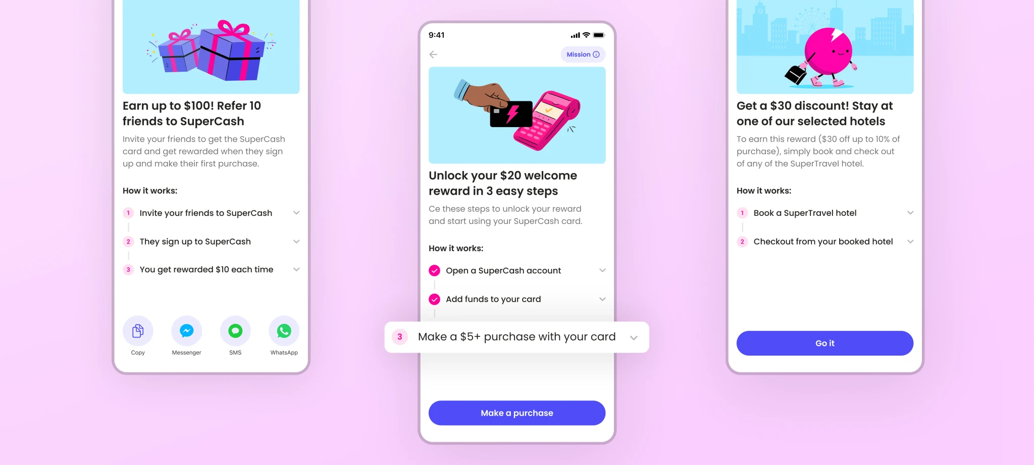 UI mockup of Super.com’s Missions showing three task-based rewards — refer friends, make purchases, and book hotels — illustrating the scalable design of the new mission-based rewards system.