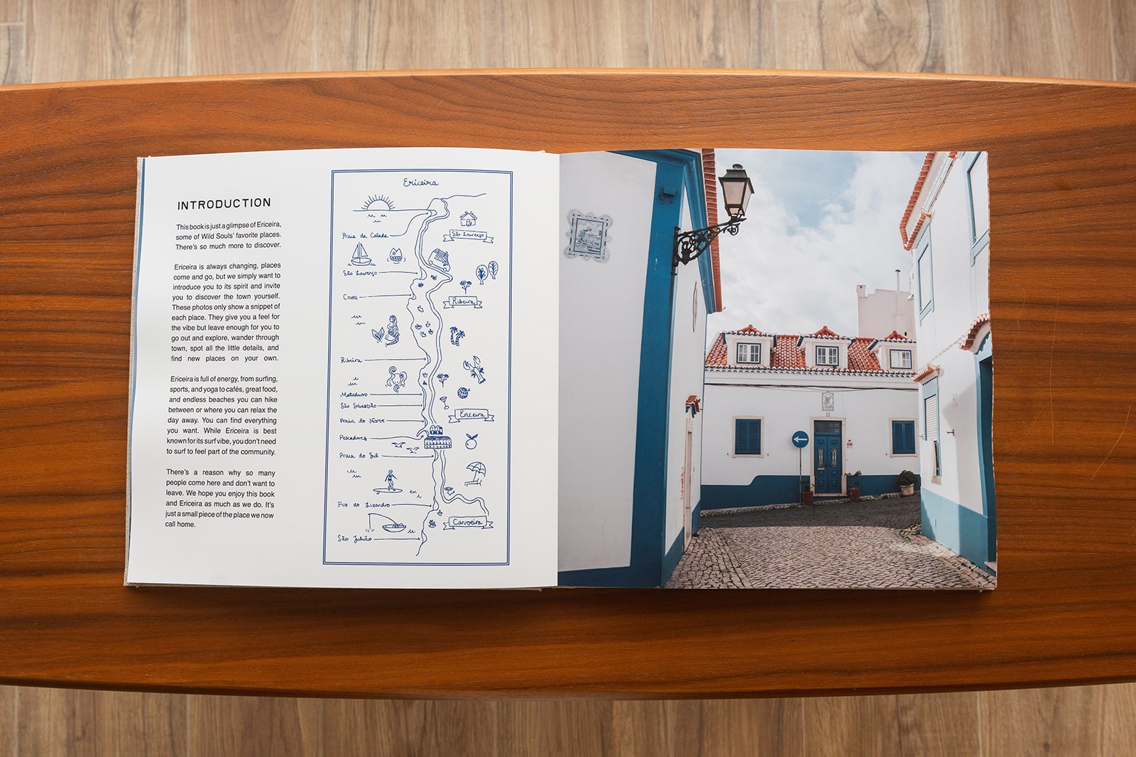 The book with a map of Ericeira and cute blue and white buildings