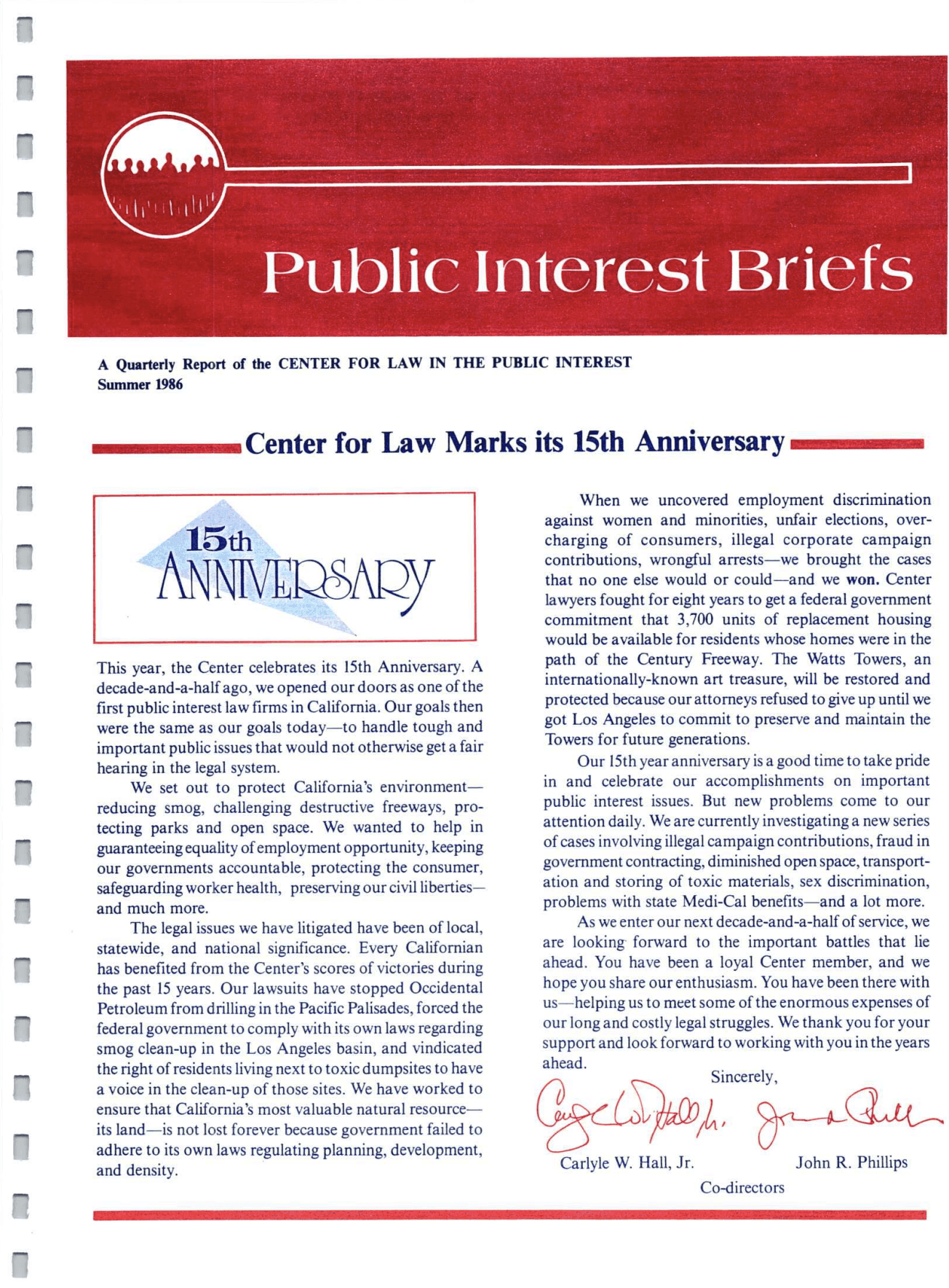 Cover of Center for Law In The Public Interest's Quarterly Report, Summer 1986 Edition Public Interest Briefs