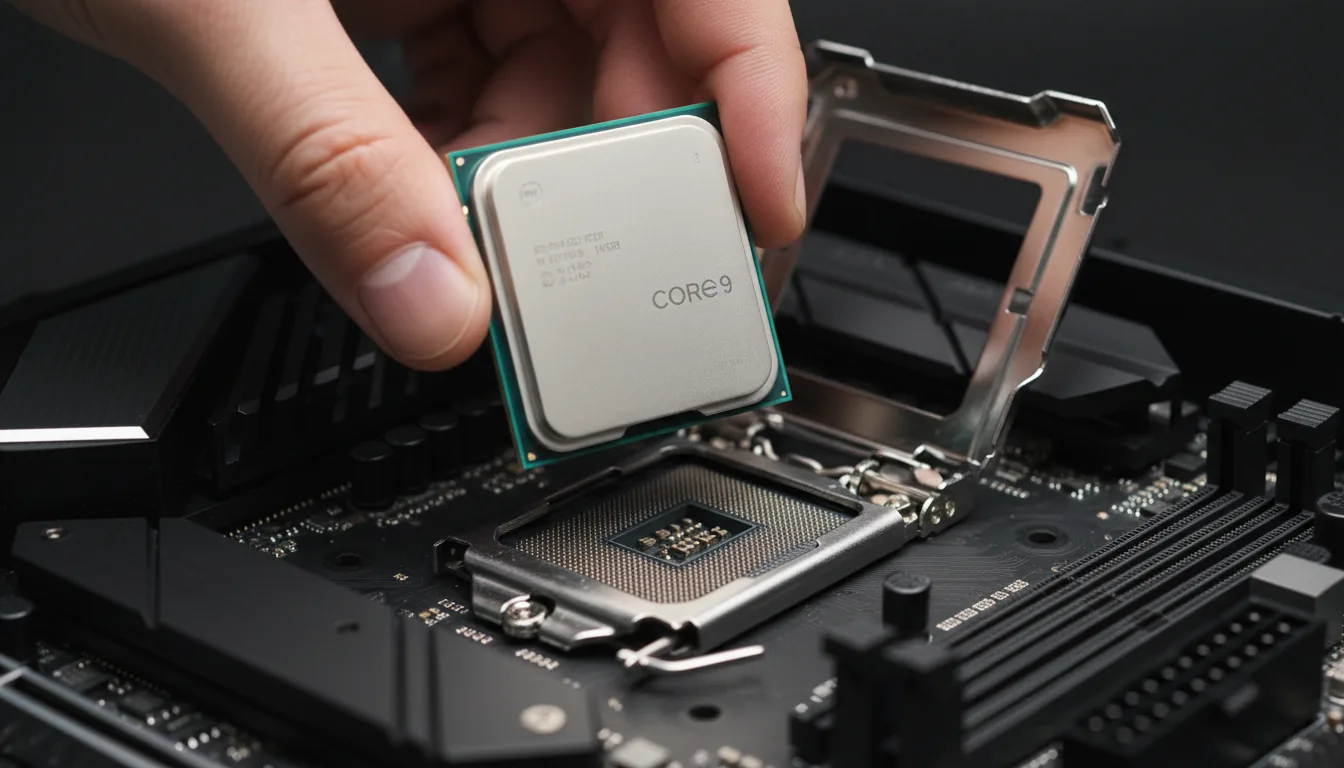 Macro DSLR photograph of a high-performance Intel Core i9 CPU being installed into the socket of a modern, matte black motherboard. The polished metal retention arm is open and raised. The scene is lit with clean, soft studio lighting, accentuating the brushed metal texture of the CPU heat spreader and the intricate details of the dark circuit board. The image has a shallow depth of field, with the CPU perfectly in focus and the surrounding capacitors and heatsinks gently blurred in the background.