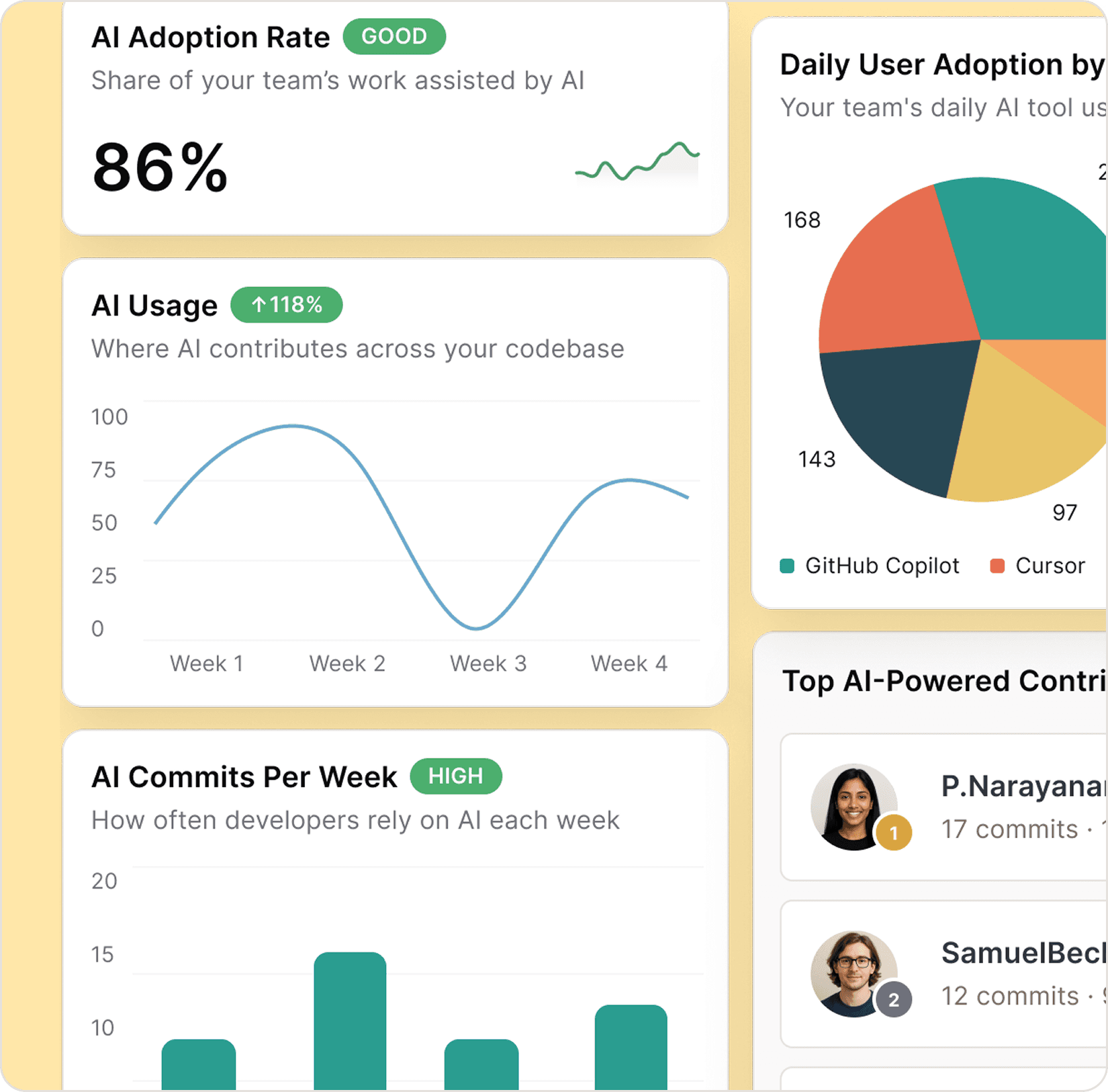 A code editor interface with JavaScript code visible. A string of code is highlighted, and an "Exceeds AI" popup dialog  reads: "Caroline can give you background here. She wrote this code and is also an expert in Python." 