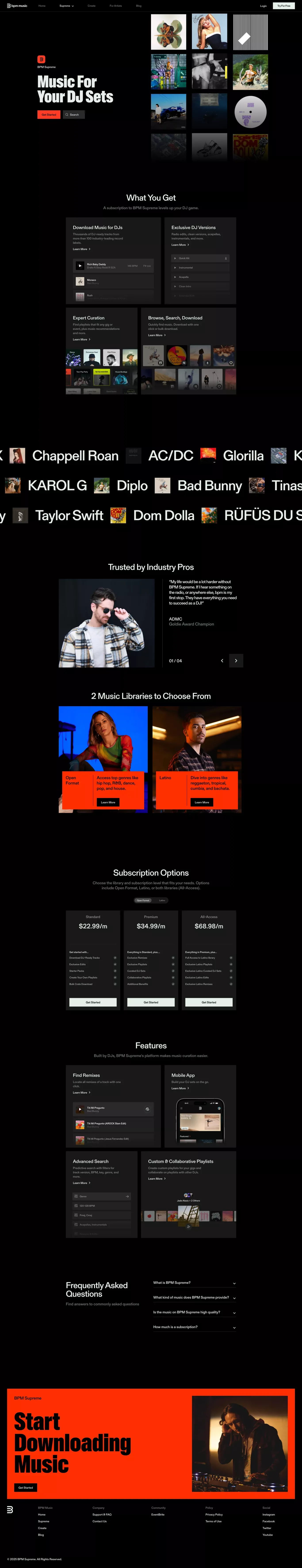 BPM Supreme landing page screenshot showcasing Music and Tech design