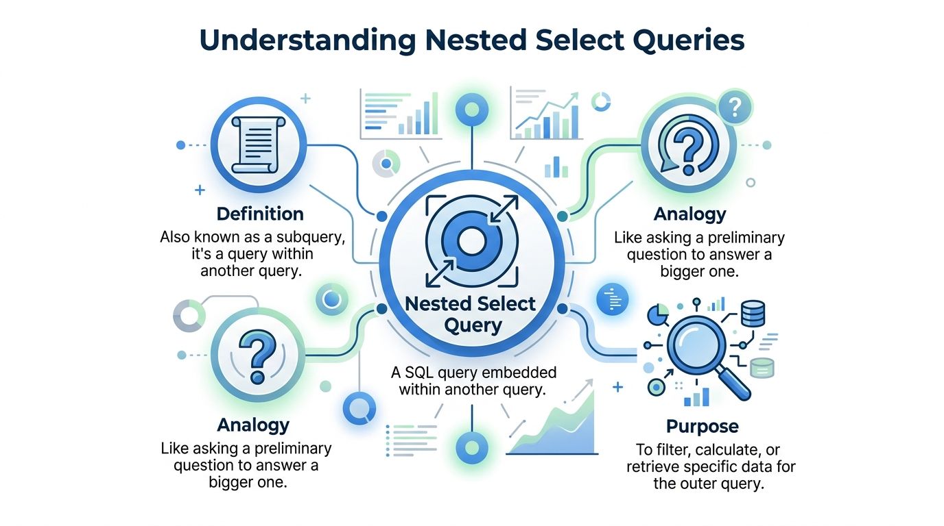 An infographic explaining nested select queries in SQL with sections for definition, analogies, and the query purpose.