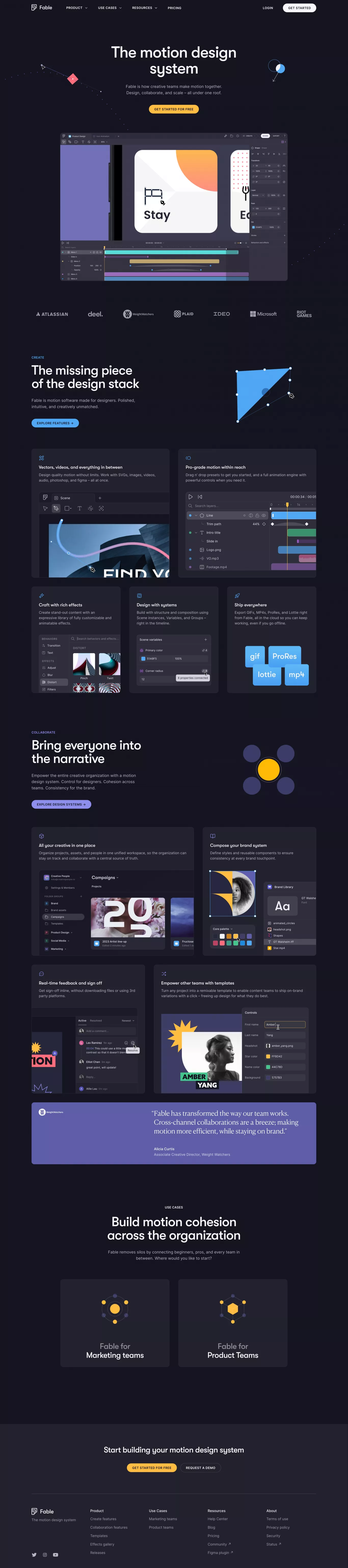 Fable – The collaborative motion design landing page screenshot showcasing Design and Tech design