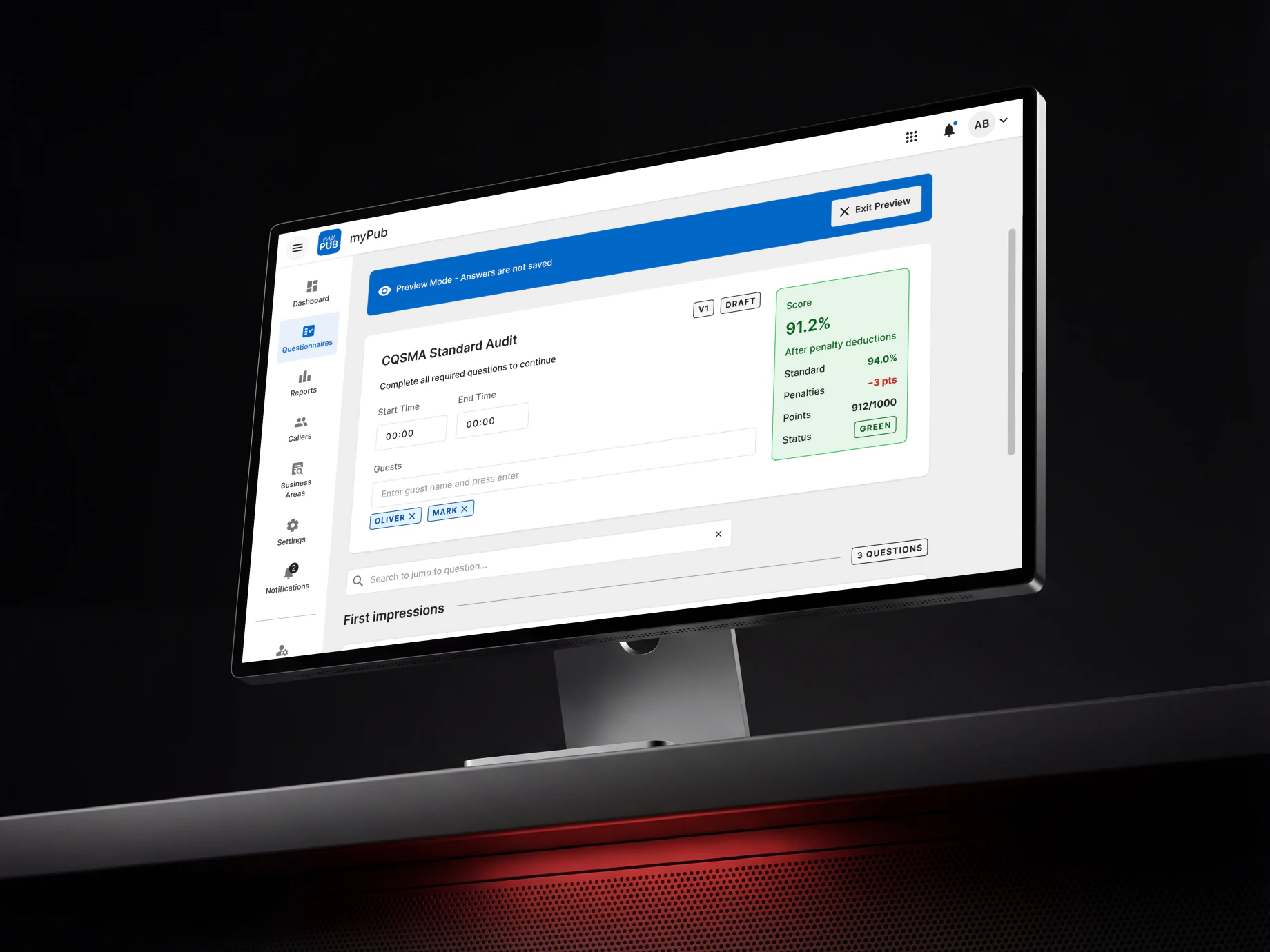 myPub console in preview mode, showing a 91.2% score after penalties and a green status chip