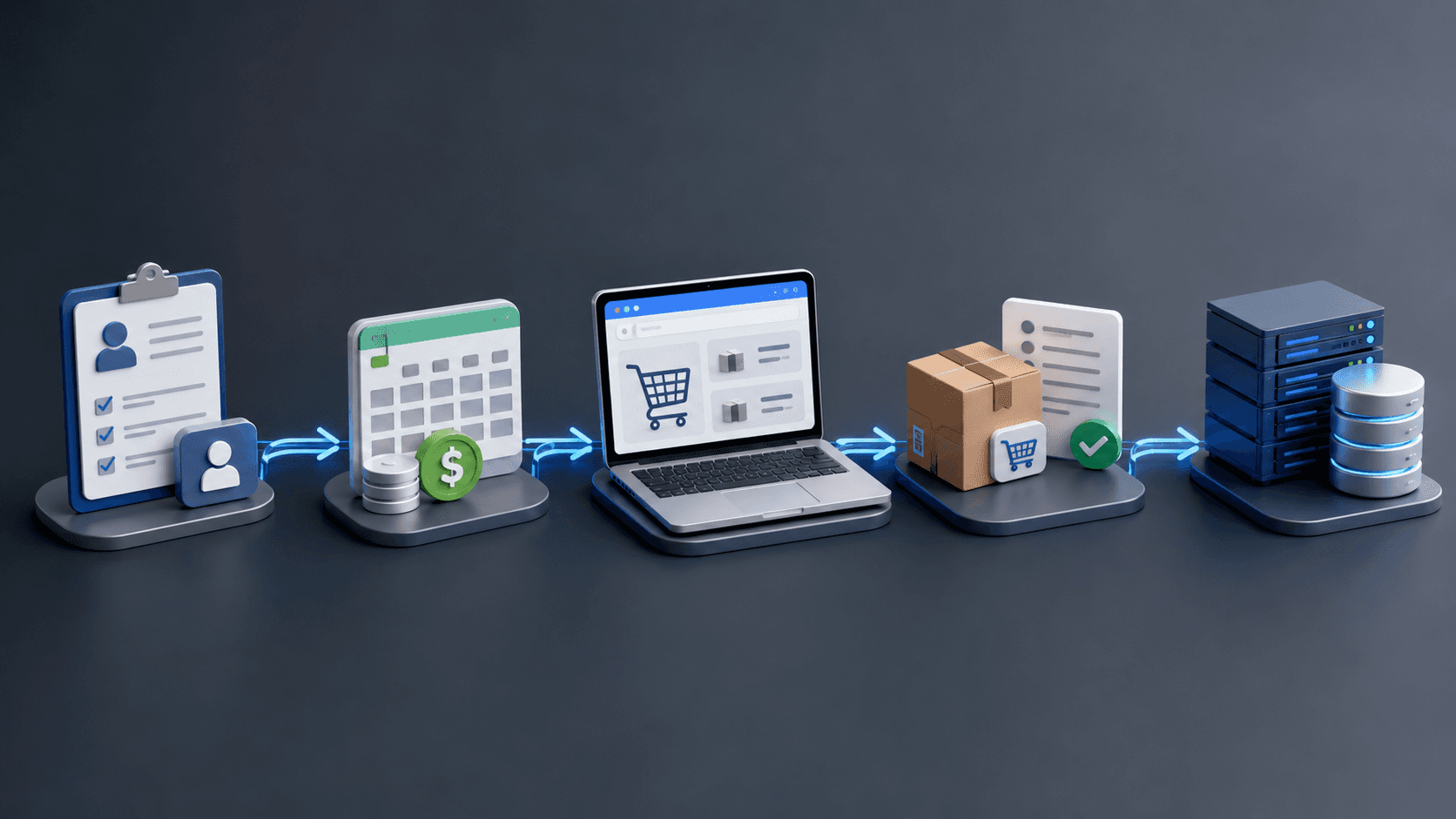Ilustração 3D realista em formato 16:9 mostrando um fluxo contínuo de um portal de pedidos B2B. Da esquerda para a direita: uma interface de cadastro de cliente, seguida por uma tela de tabela de preços com símbolo financeiro, depois um notebook exibindo um portal de compras B2B, em seguida caixas e confirmação de pedido realizado, finalizando com servidores e banco de dados representando a integração com ERP. Todos os elementos conectados por linhas luminosas em um único cenário moderno, com fundo escuro e visual tecnológico limpo, sem pessoas e sem texto.